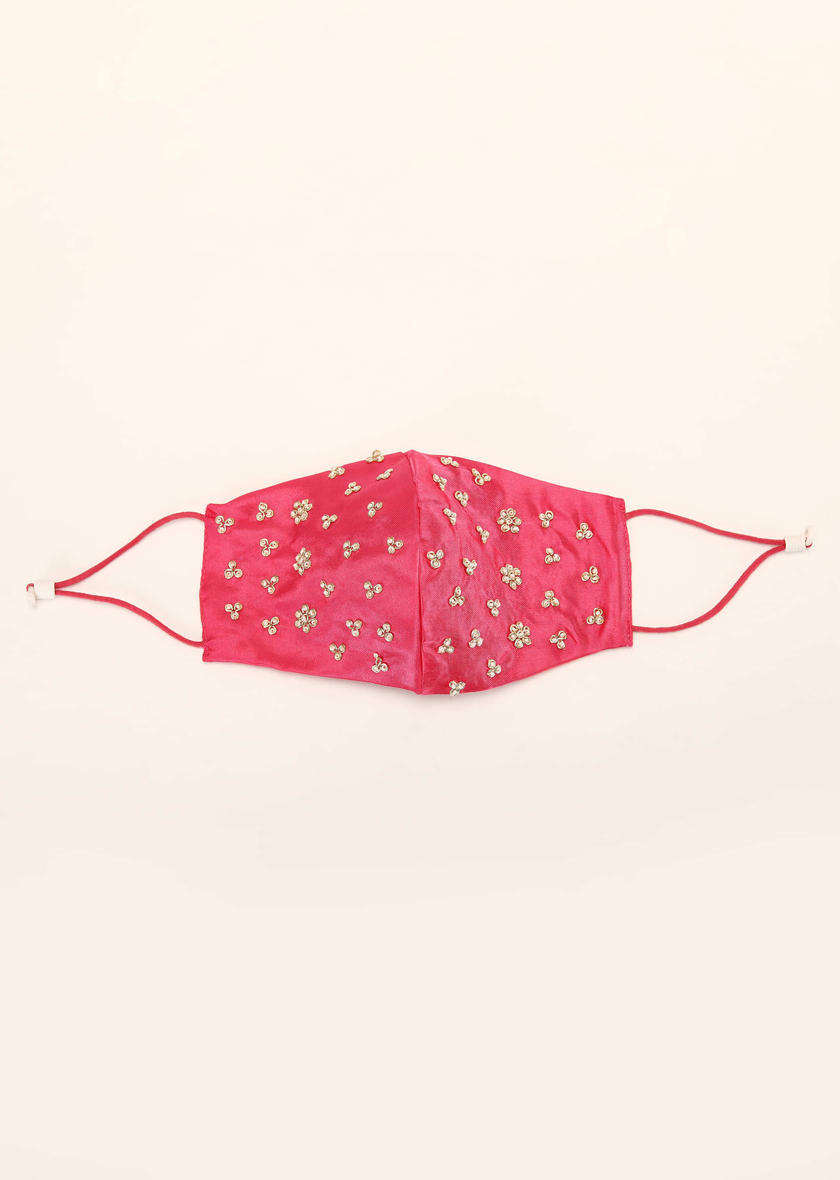 Fuchsia Pink Mask In Satin Silk With Moti And Zardosi Embroidered Buttis