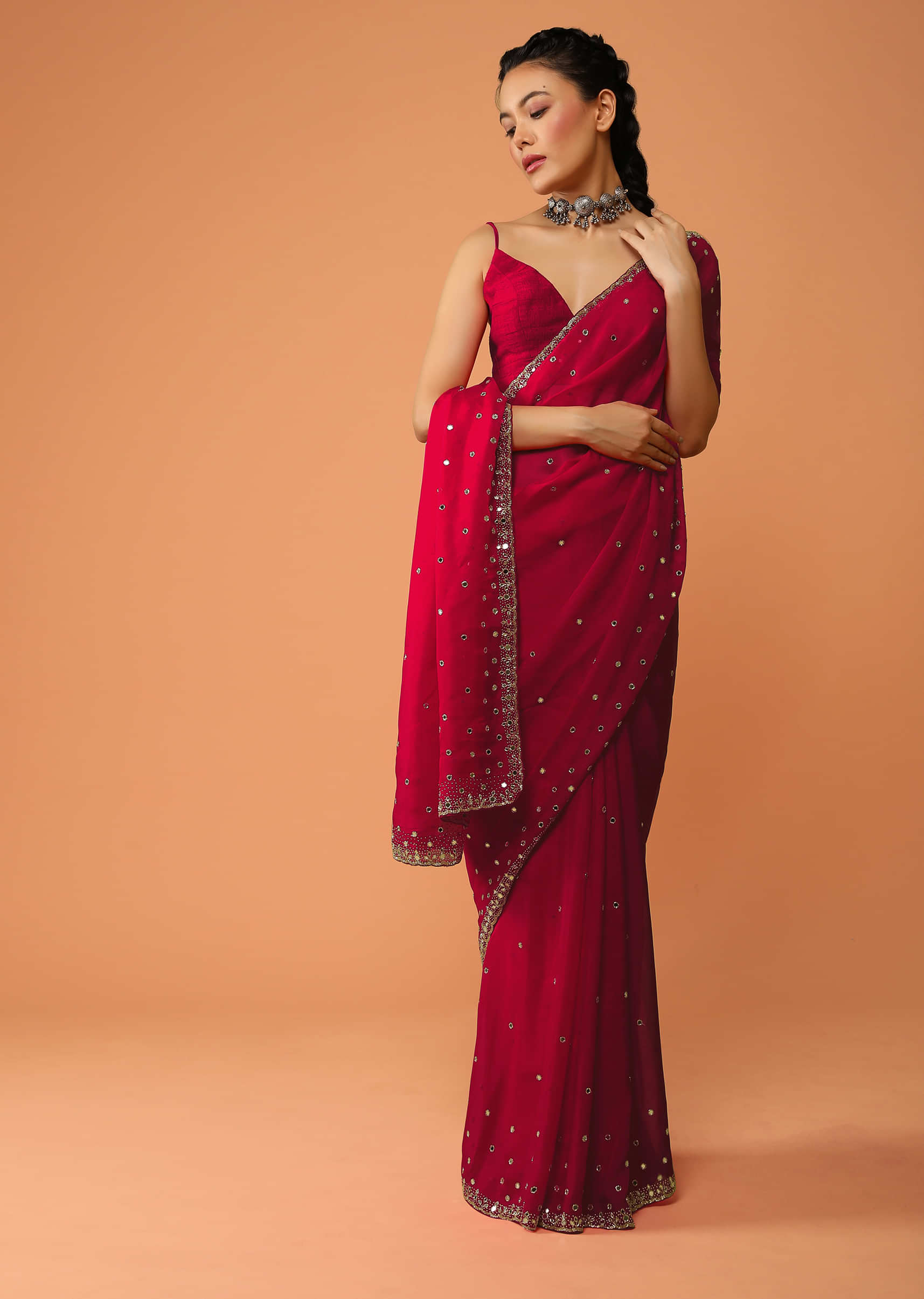 Fuchsia Pink Saree In Organza With Mirror And Cut Dana Embroidered Buttis And Border Design  