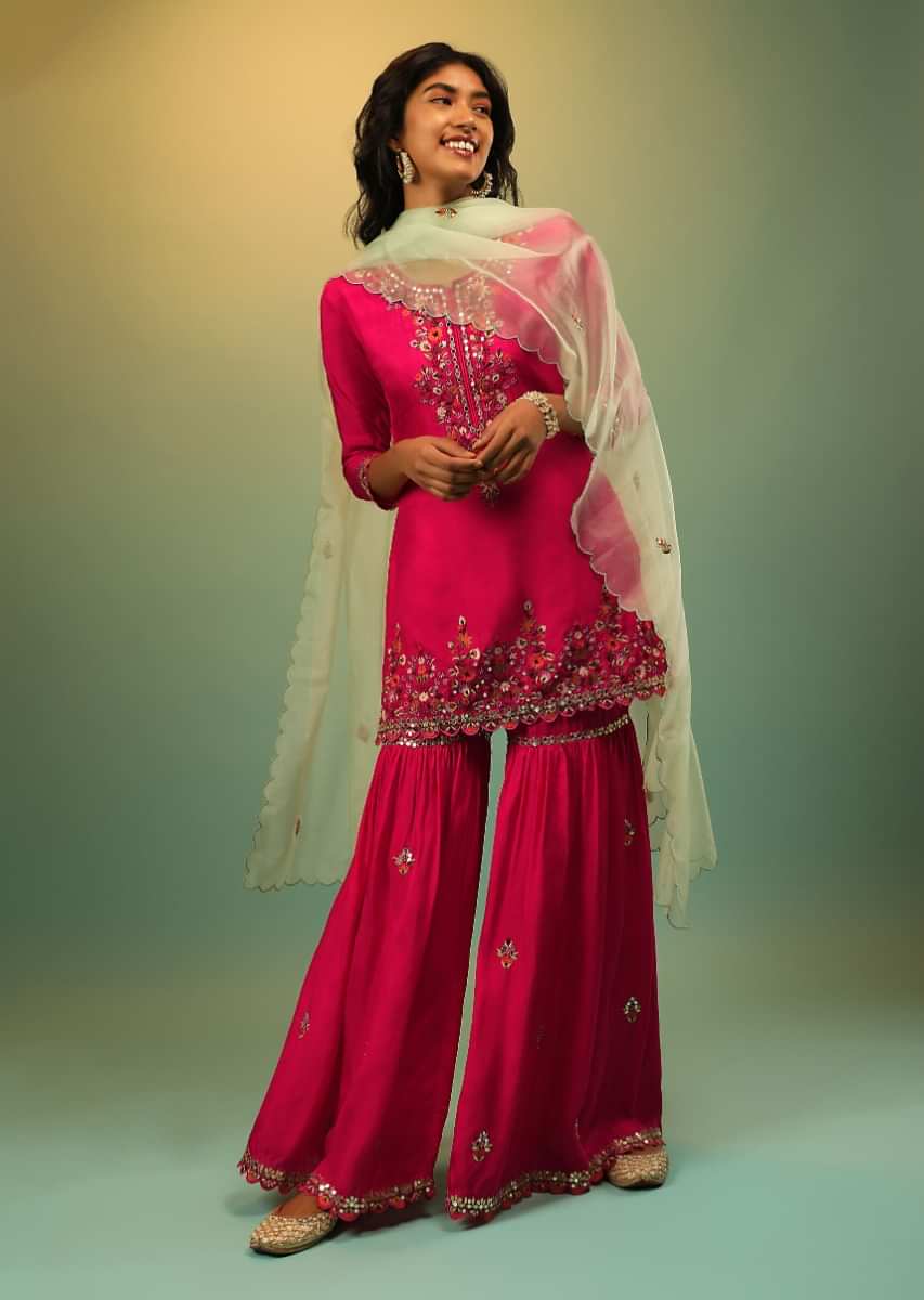 Fuchsia Pink Sharara Suit In Cotton Silk With Multi Colored Resham And Mirror Embroidered Floral Design  