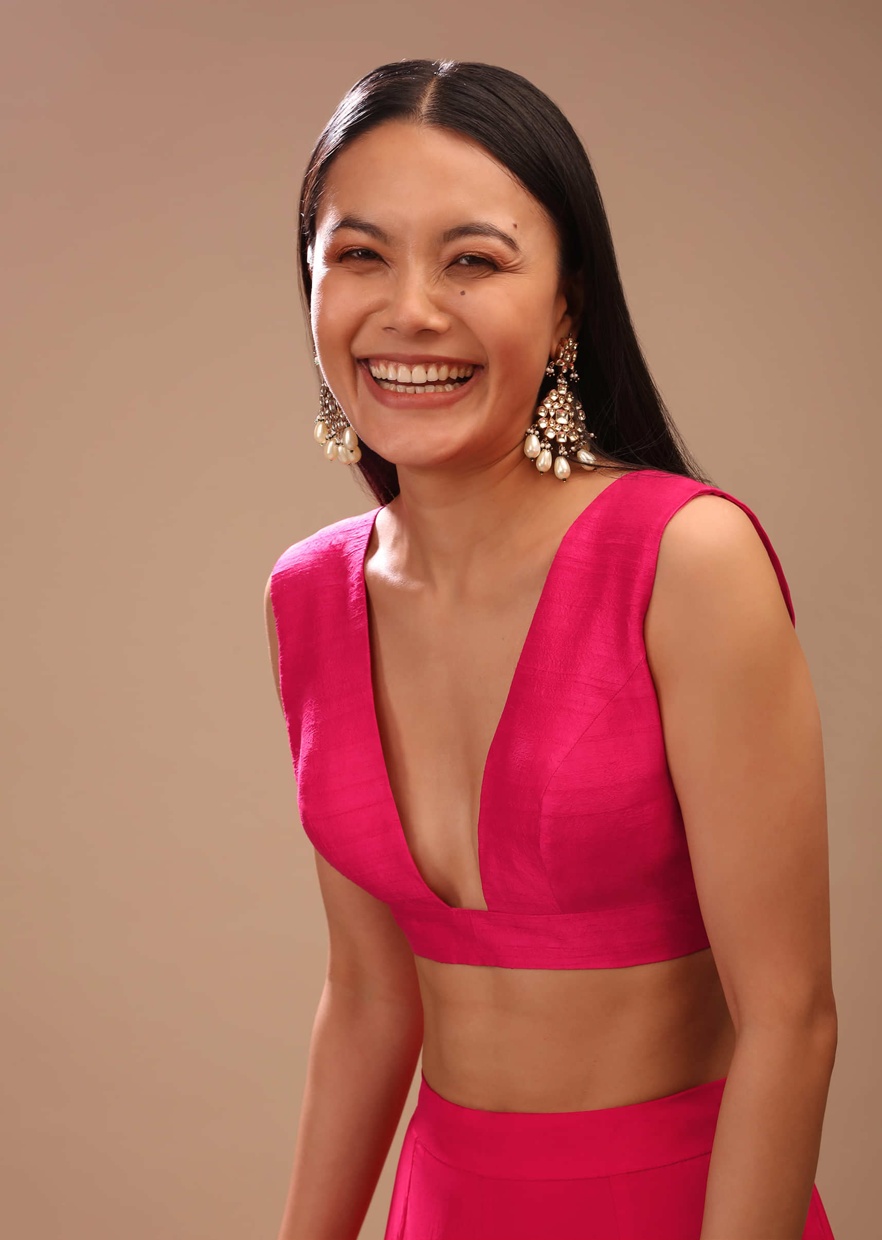 Fuchsia Pink Sleeveless Blouse In Raw Silk With Plunging Neckline