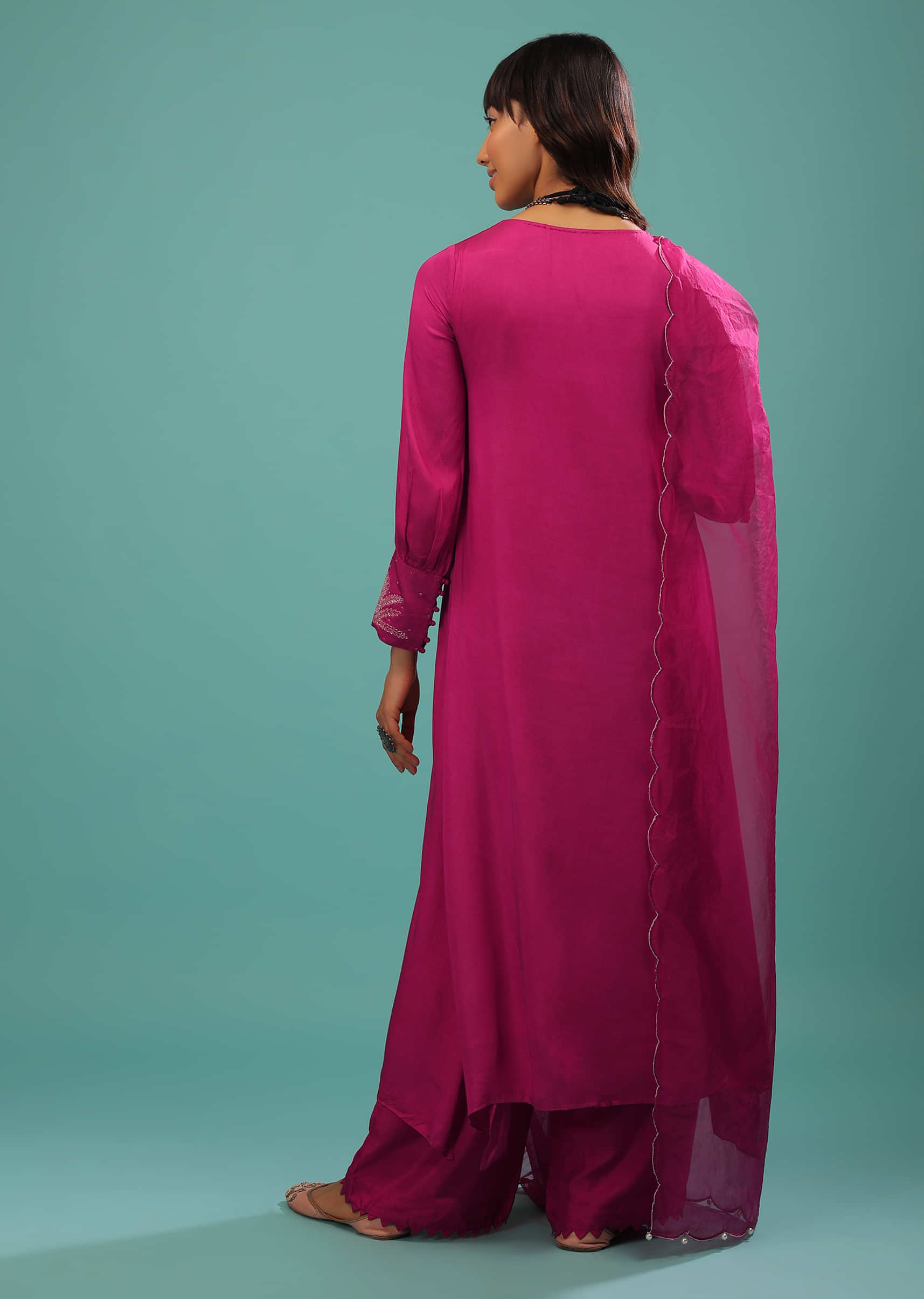 Fuchsia Pink Satin A Line Palazzo Suit With Multi-Colored Cut Dana Work On The Cuff