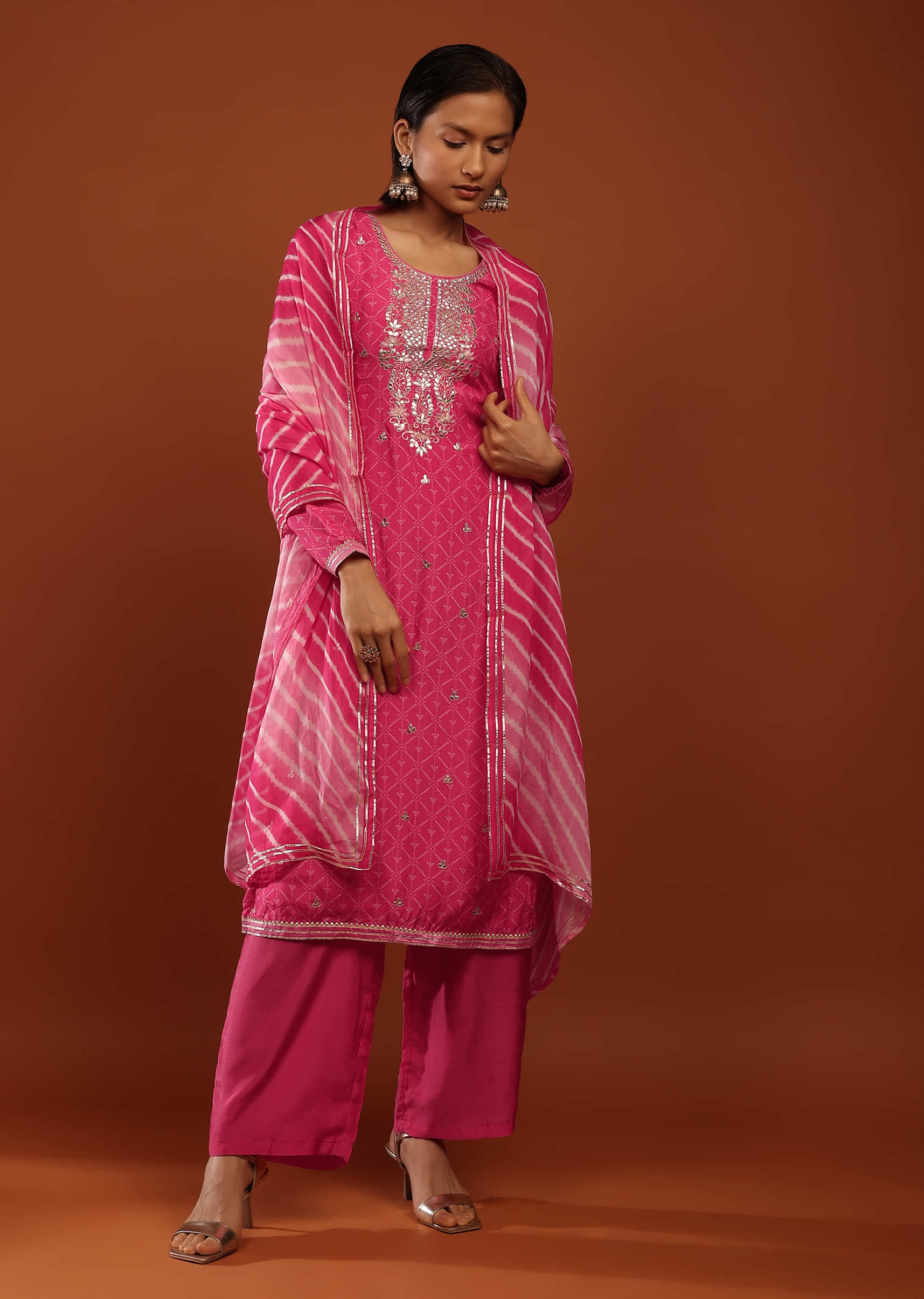 Fuchsia Pink Palazzo Suit With Bandhani Print And Gotta Patti Embrodiered Yoke Design