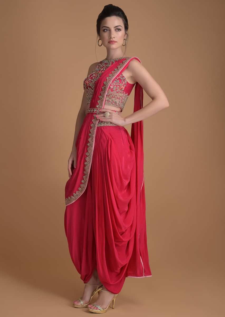 Buy Fuschia Rose Dhoti Saree In Crepe Enhance With Embossed Floral Embroidery