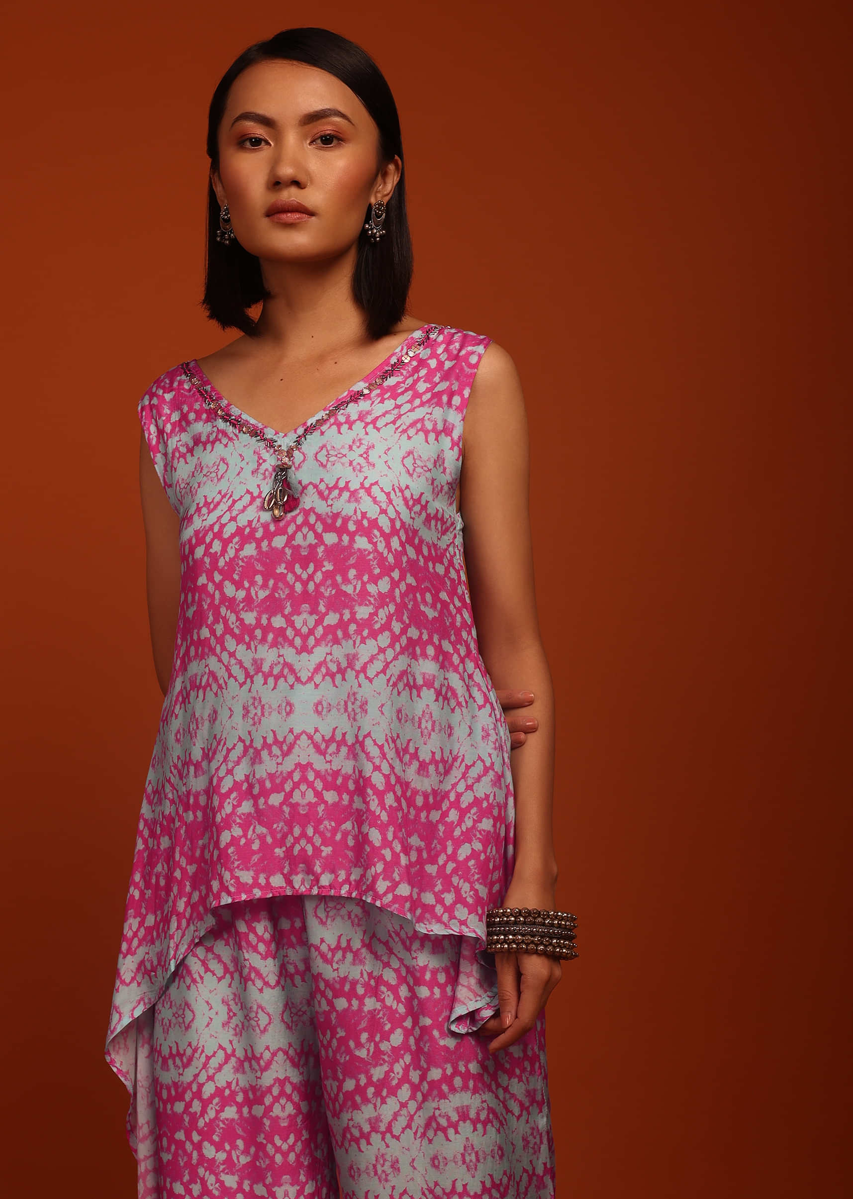 Fuschia And Pastel Blue Tie Dye Print Jumpsuit Crafted In Cotton With A V  Neckline