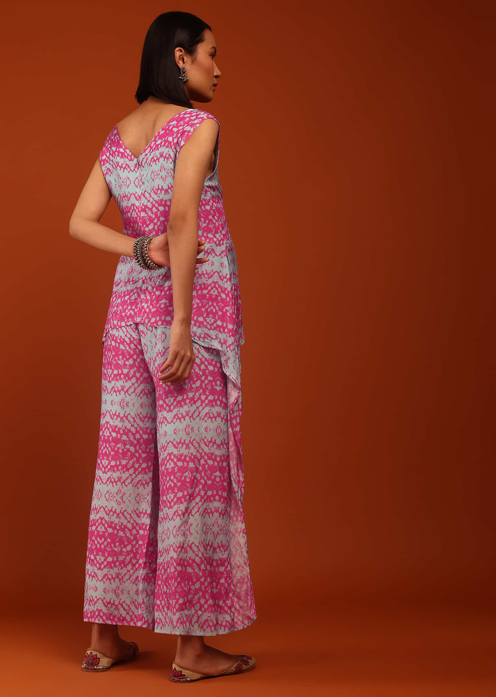 Fuschia And Pastel Blue Tie Dye Print Jumpsuit Crafted In Cotton With A V  Neckline