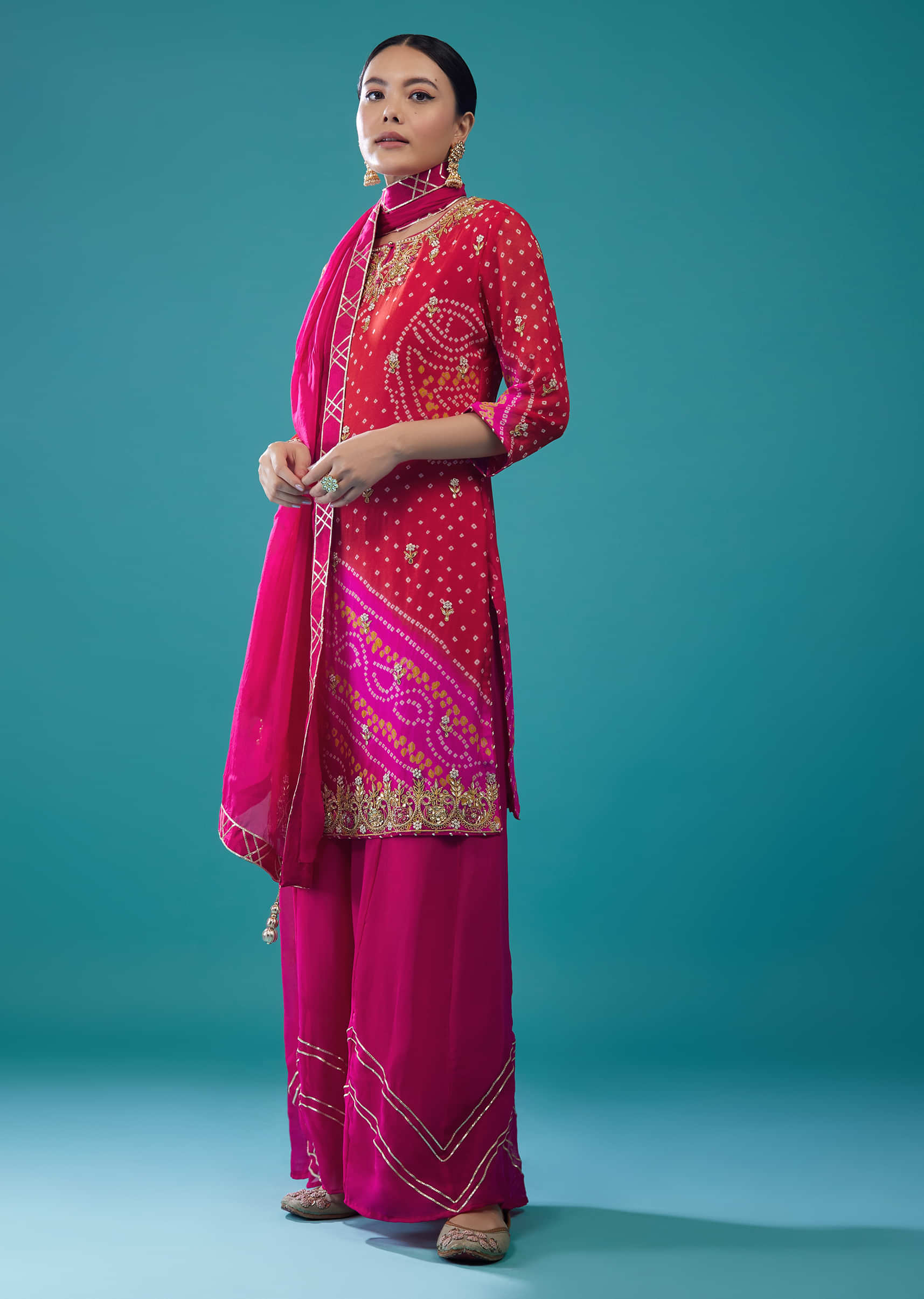 Fuschia Pink Embroidered Bandhani Palazzo Set In Georgette