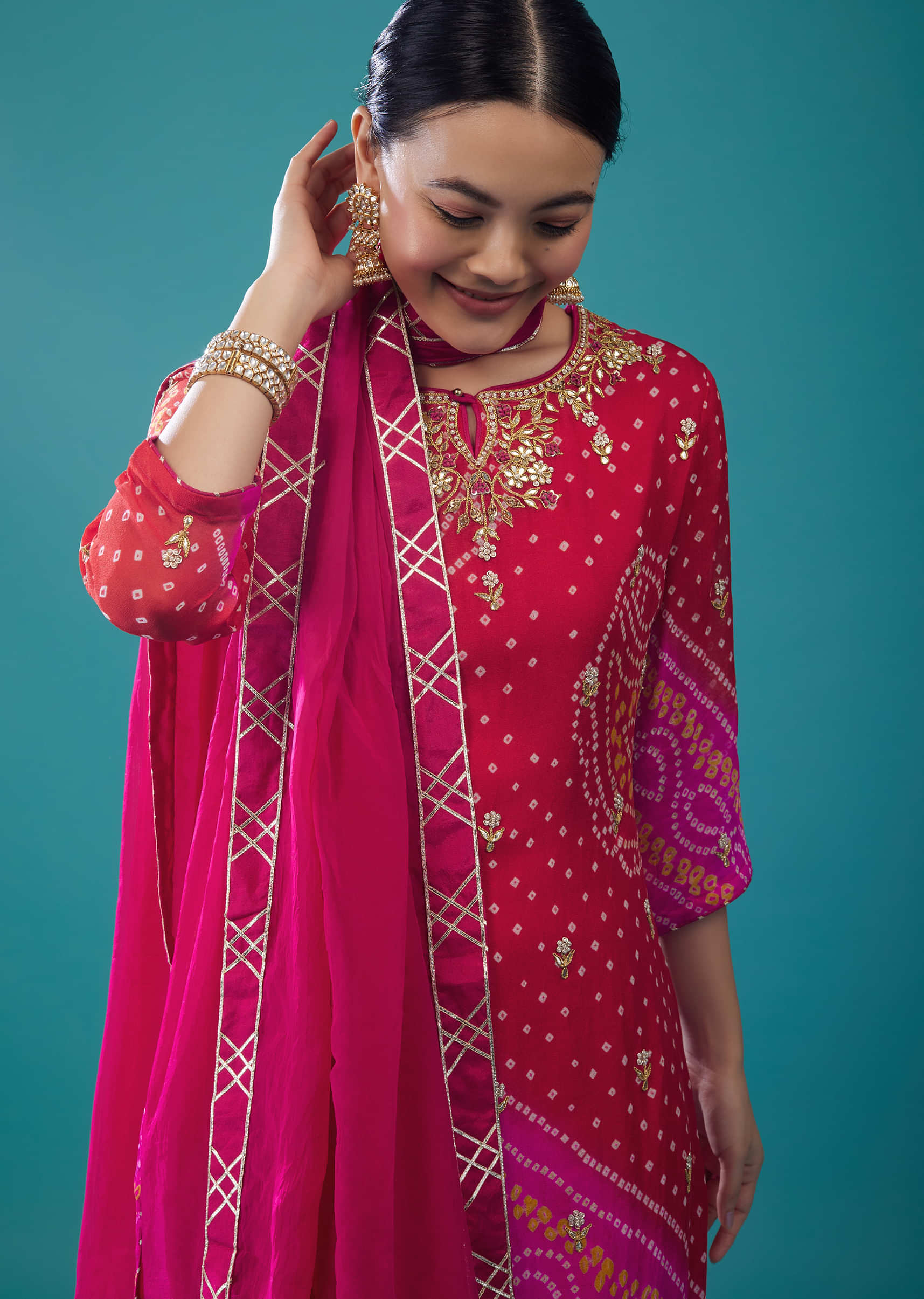 Fuschia Pink Embroidered Bandhani Palazzo Set In Georgette