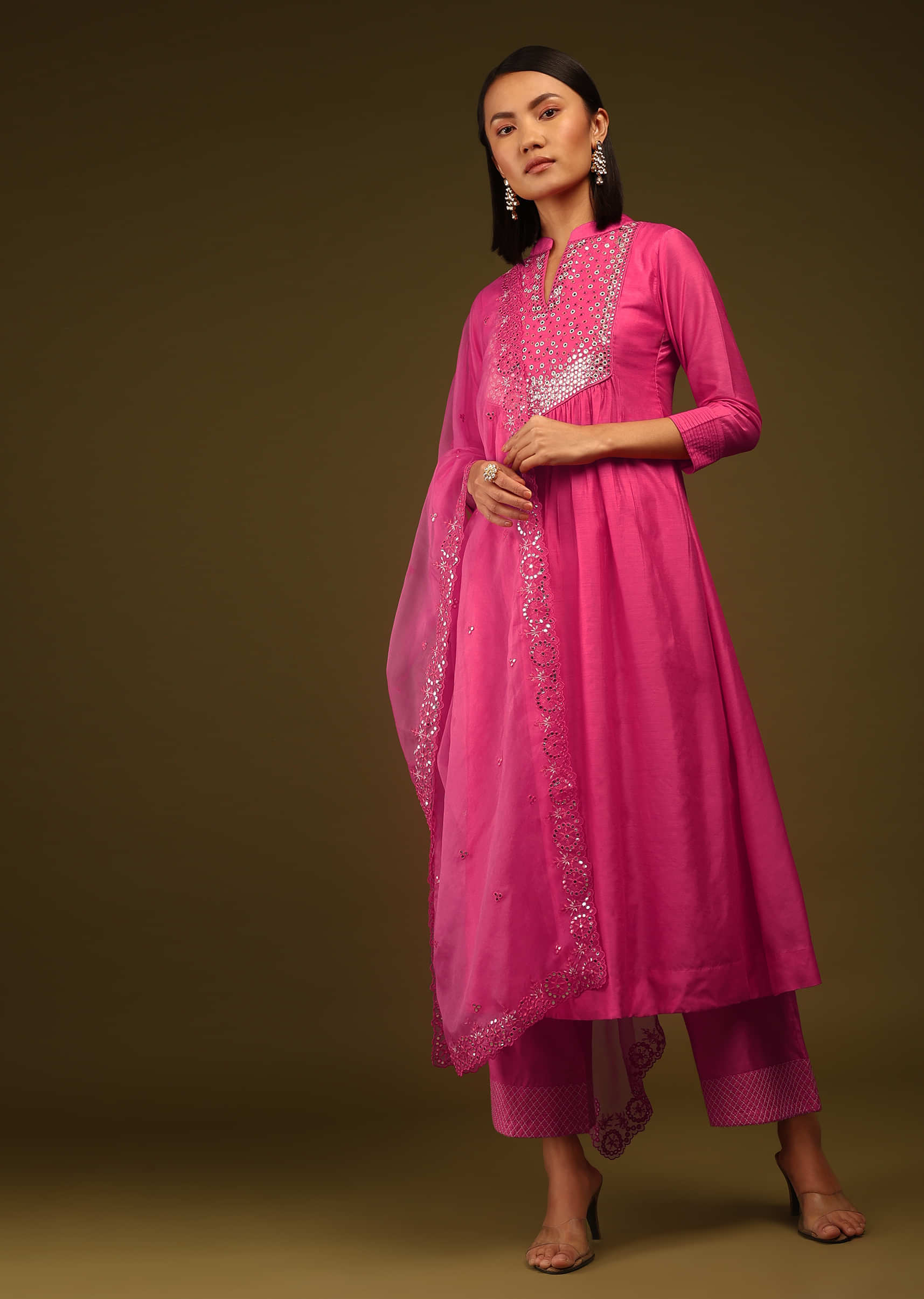 Fuscia Mirrored Work Churidar Set Paired With A Matching Dupatta And Straight Pants