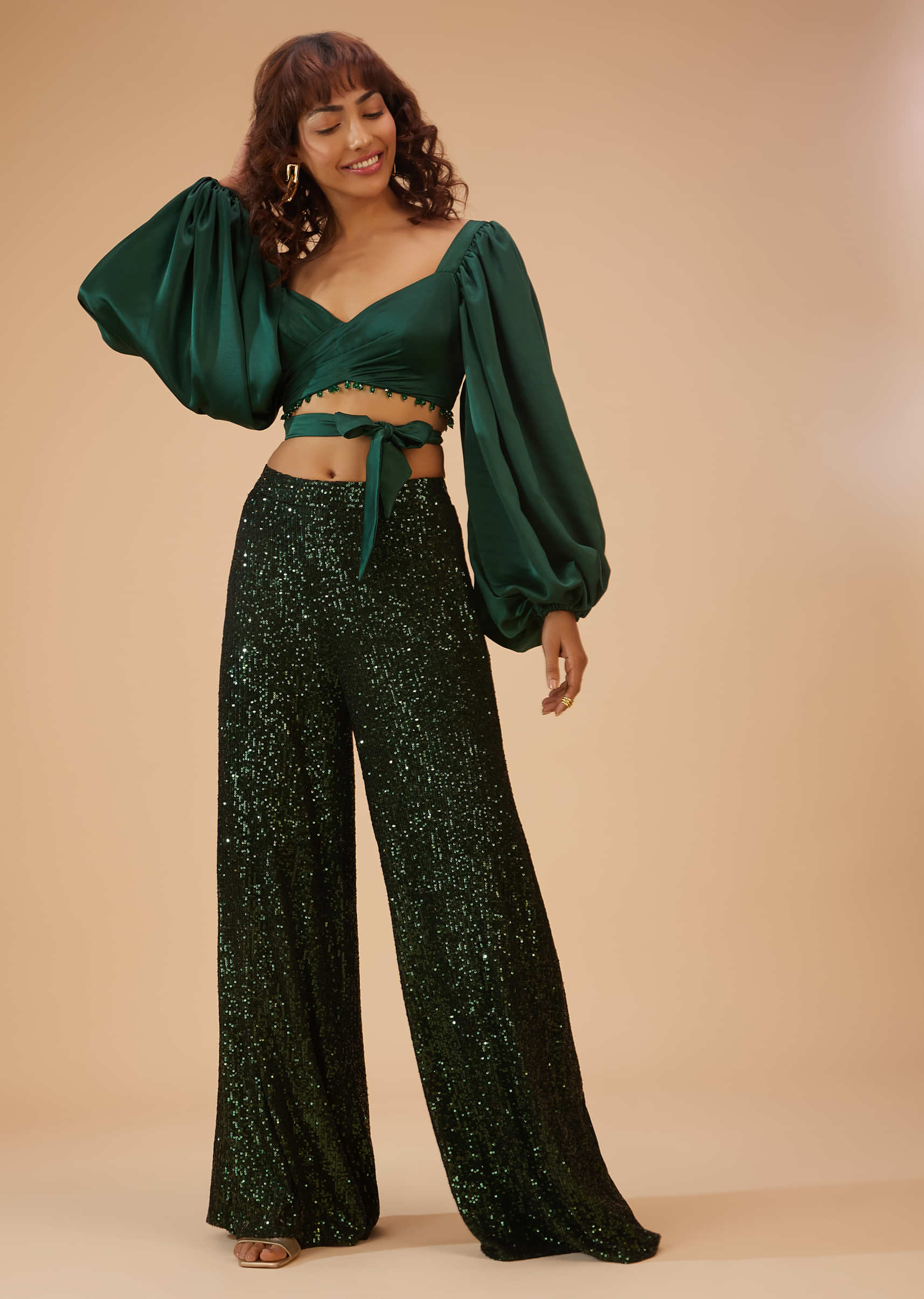 Bottle Green Palazzo And Crop-Top Set