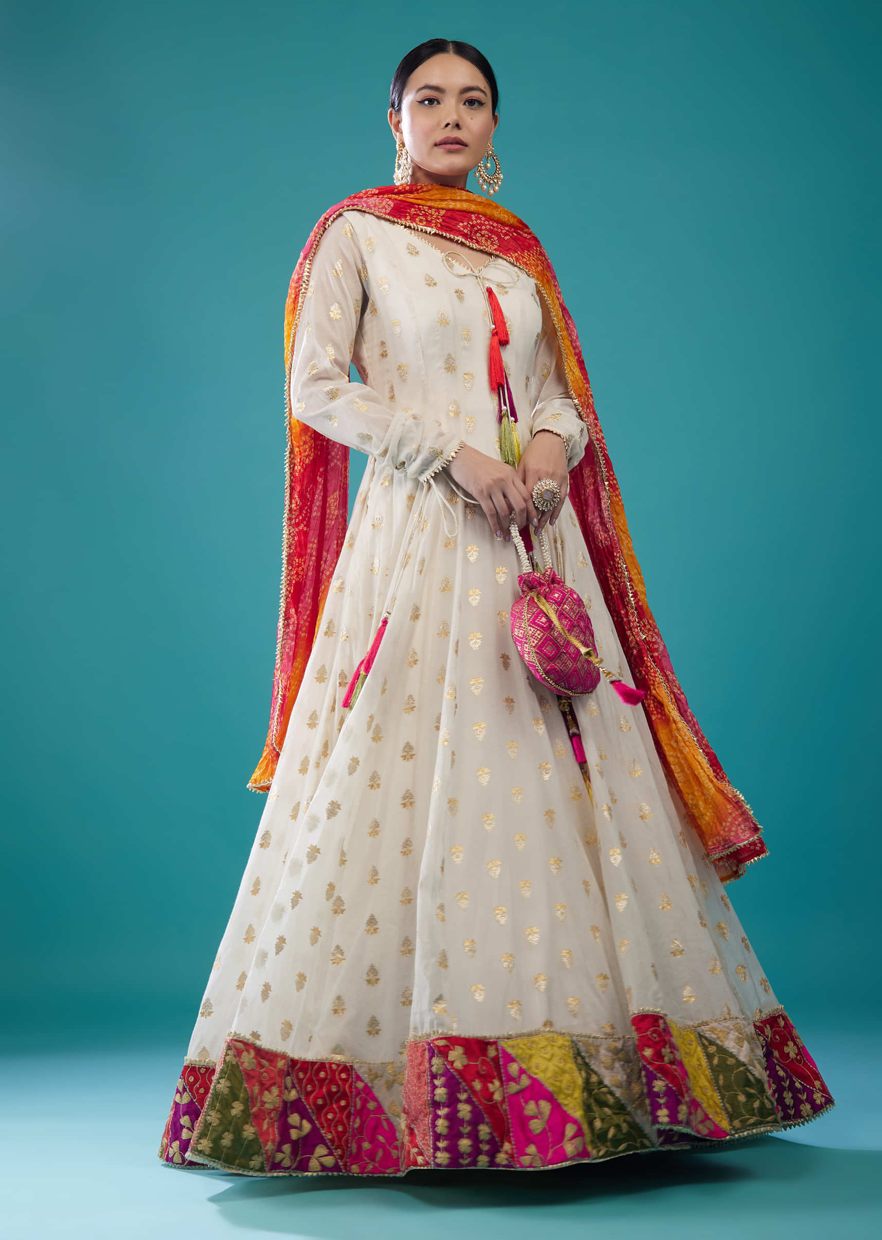 Pearl White Embroidered Chanderi Anarkali Suit With Bandhani Dupatta