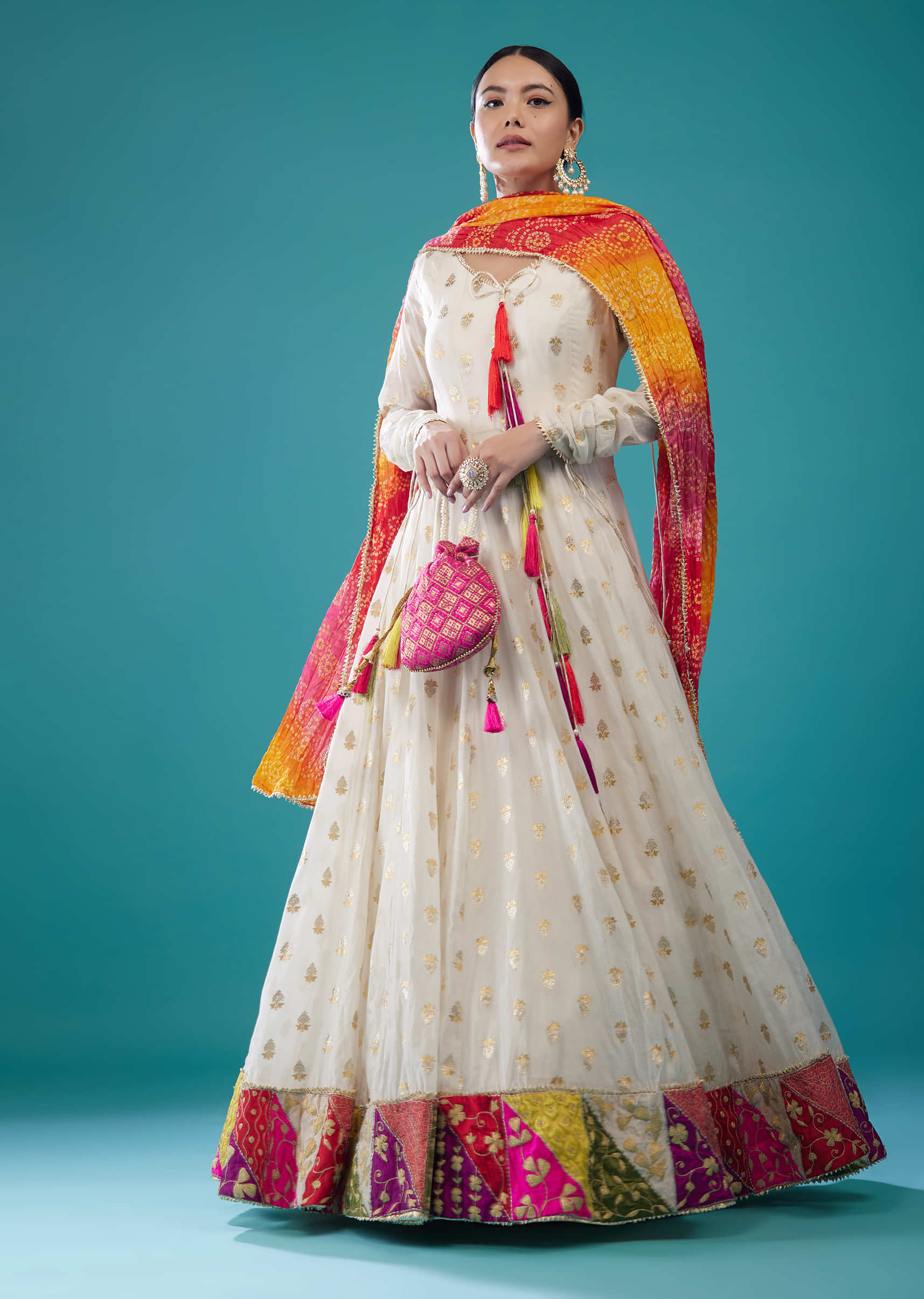 Pearl White Embroidered Chanderi Anarkali Suit With Bandhani Dupatta