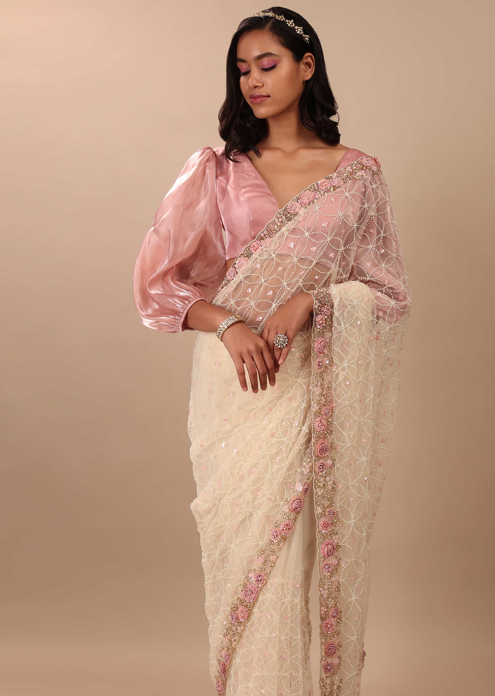 Pearl White Saree Fully Embroidered In Net Fabric