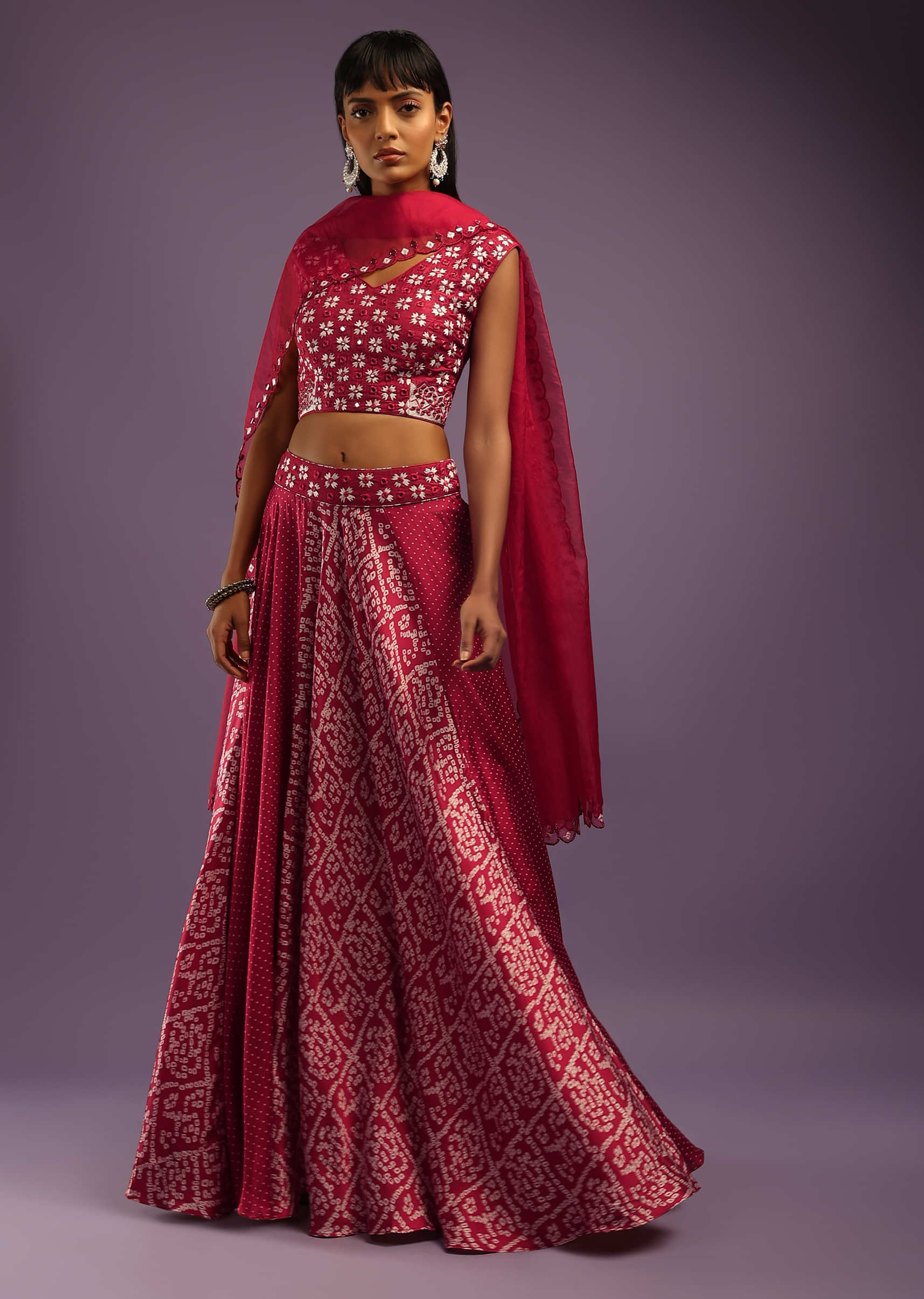Garnet Red Skirt In Satin Blend With Bandhani Print And Abla Embroidered Crop Top 