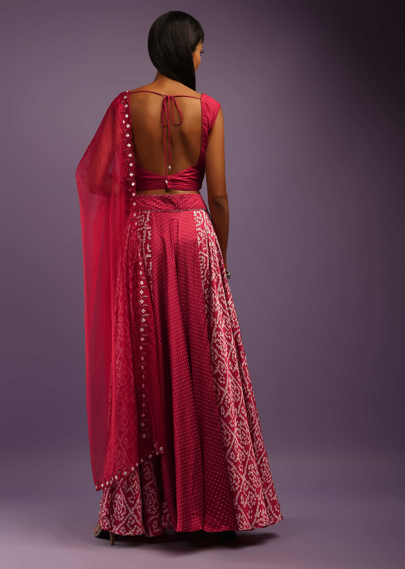 Garnet Red Skirt In Satin Blend With Bandhani Print And Abla Embroidered Crop Top 
