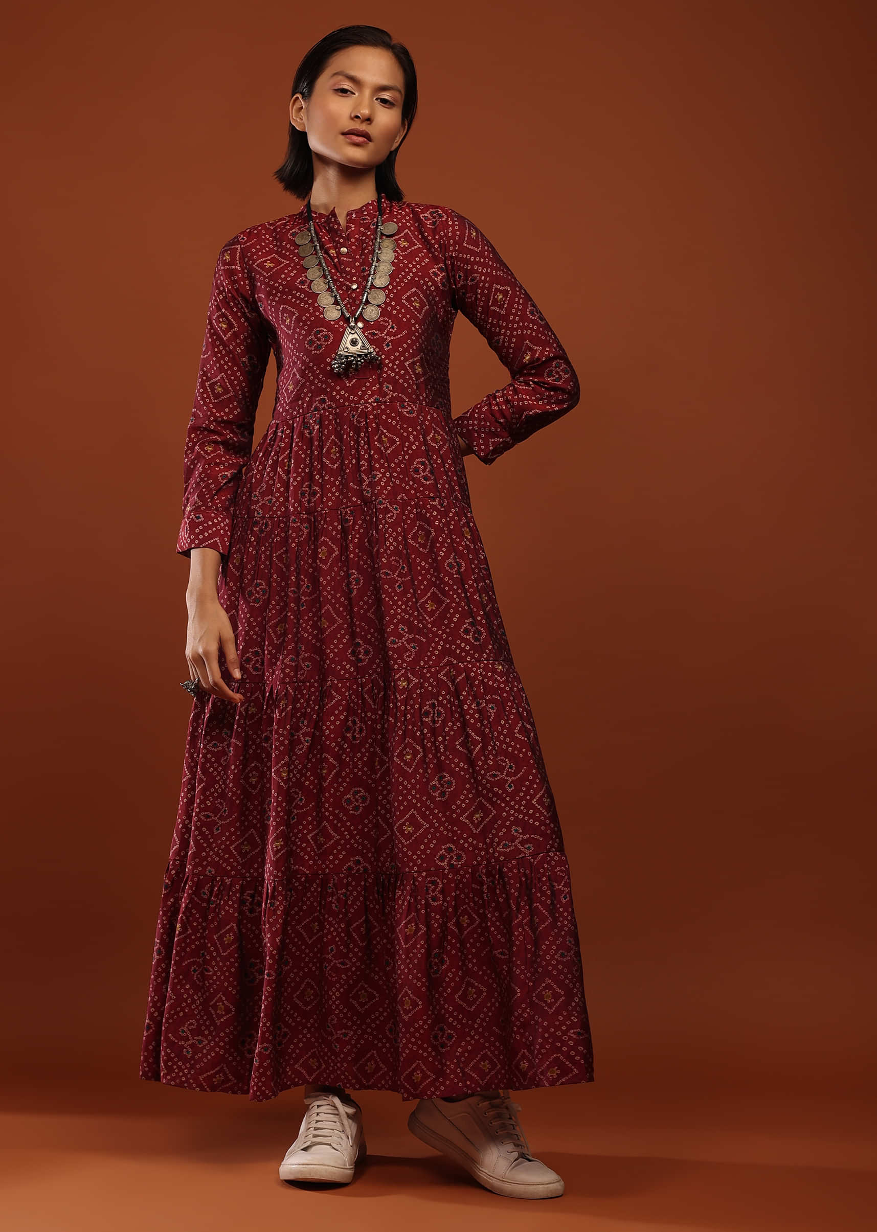Garnet Red Tiered Dress In Silk With Bandhani Print And Full Sleeves
