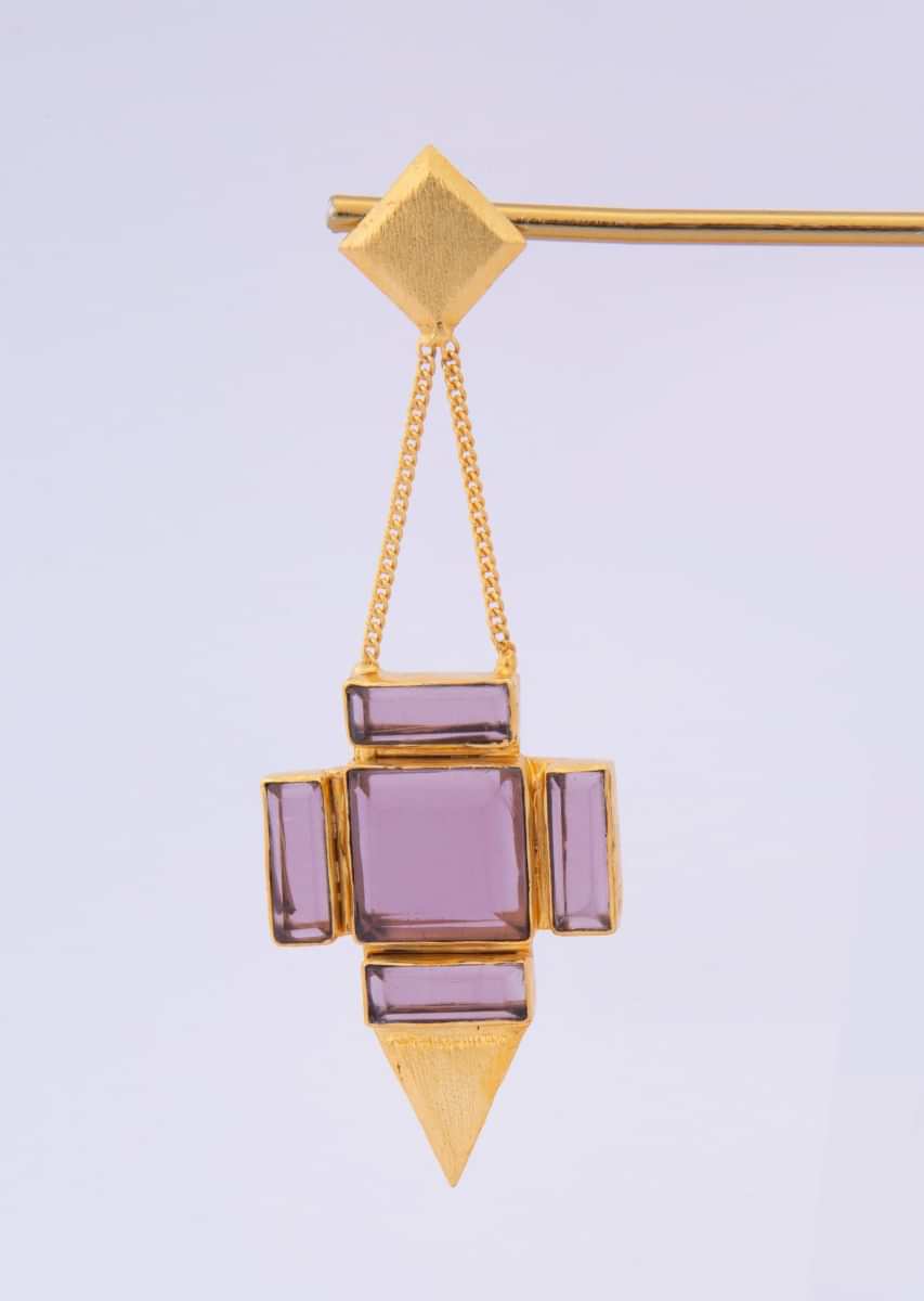 Geometric Shape Long Fancy Earring Adorn With Lavender Crystal Stones Online - Kalki Fashion
