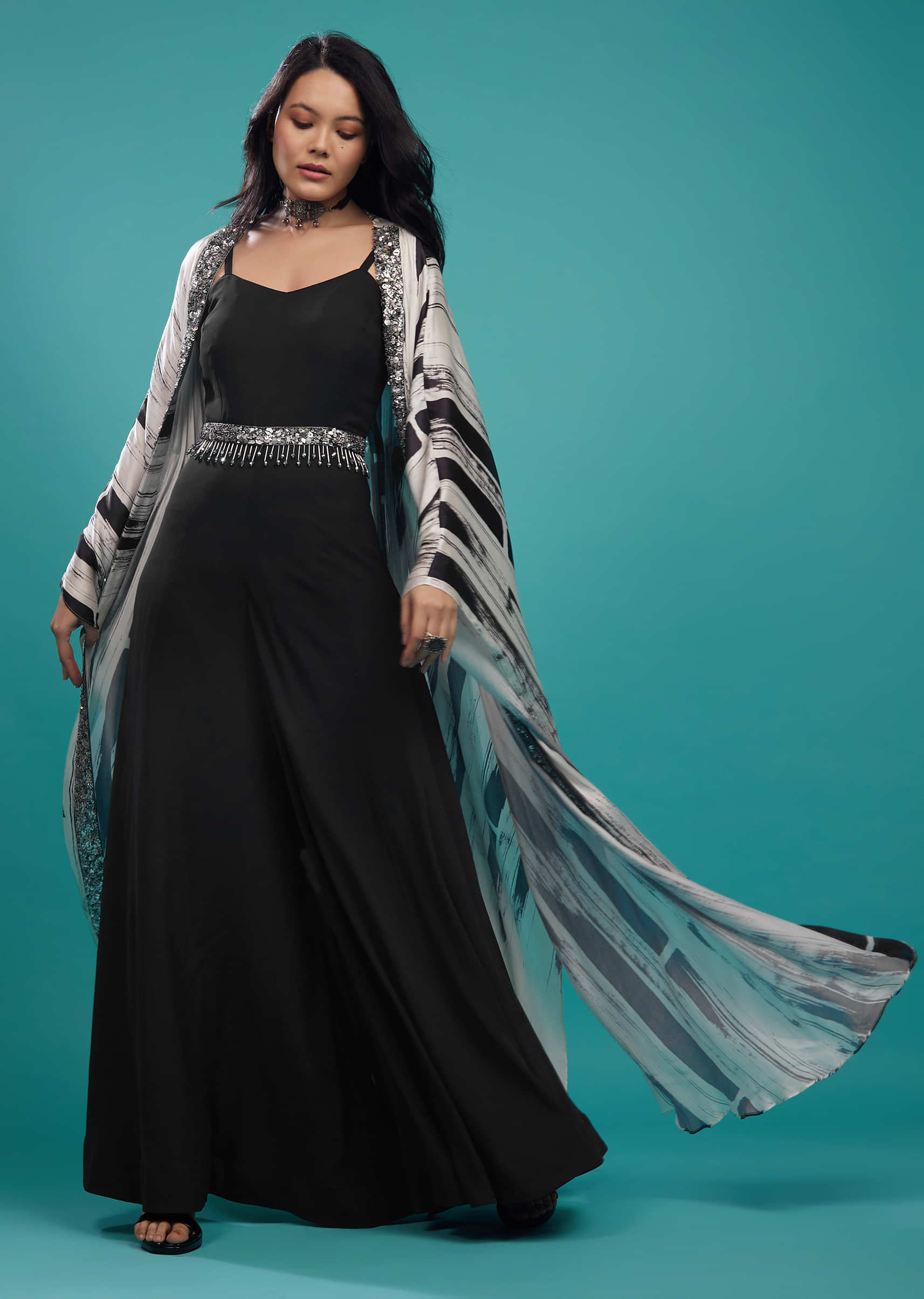 Georgette Black Jumpsuit With A Long Satin Striped Shrug