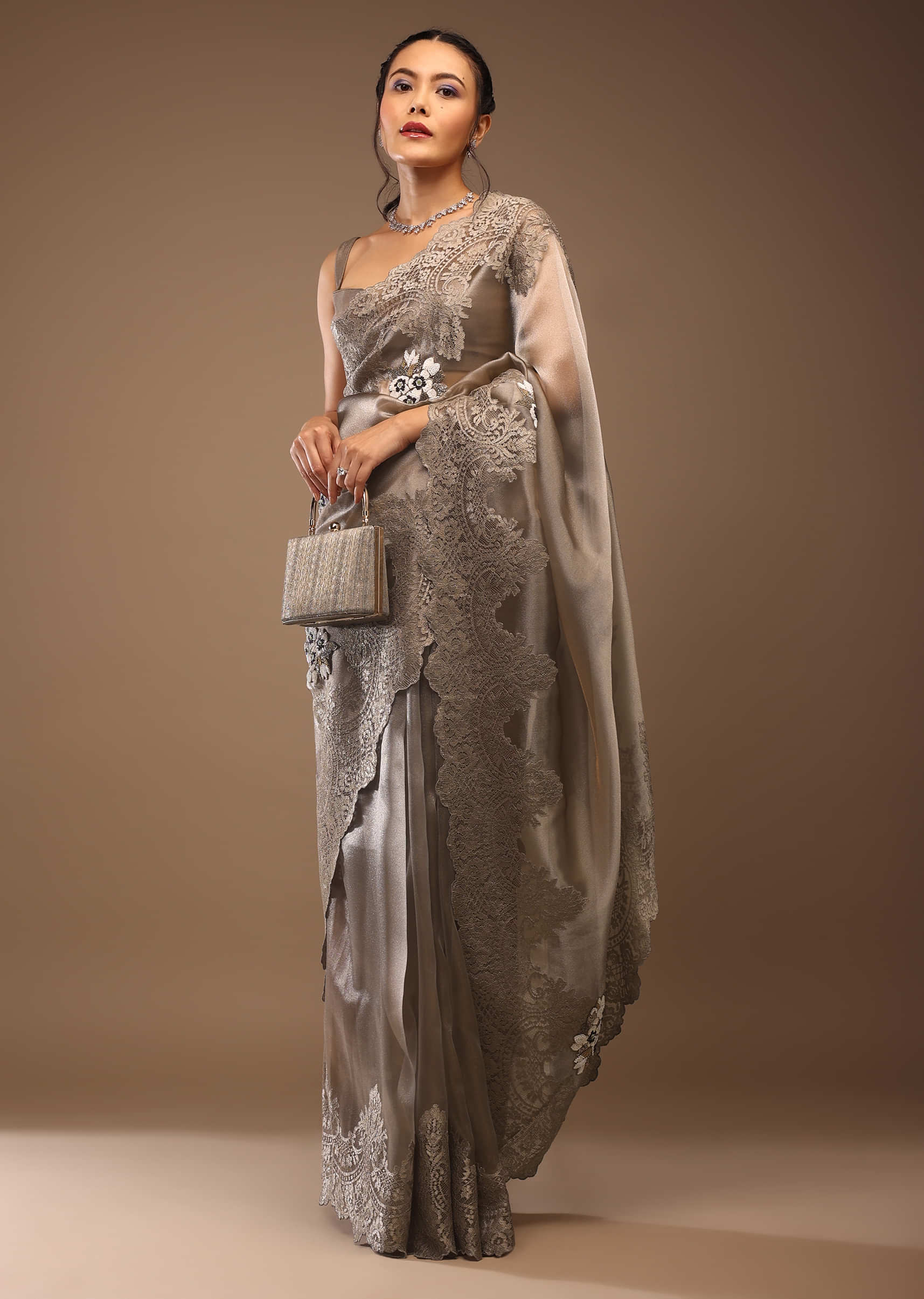 Ginger Brown Saree In Tissue Organza With Beaded And Cut Dana Embroidery Motifs, Crop Top Crafted In Raw Silk With A Corset Neckline