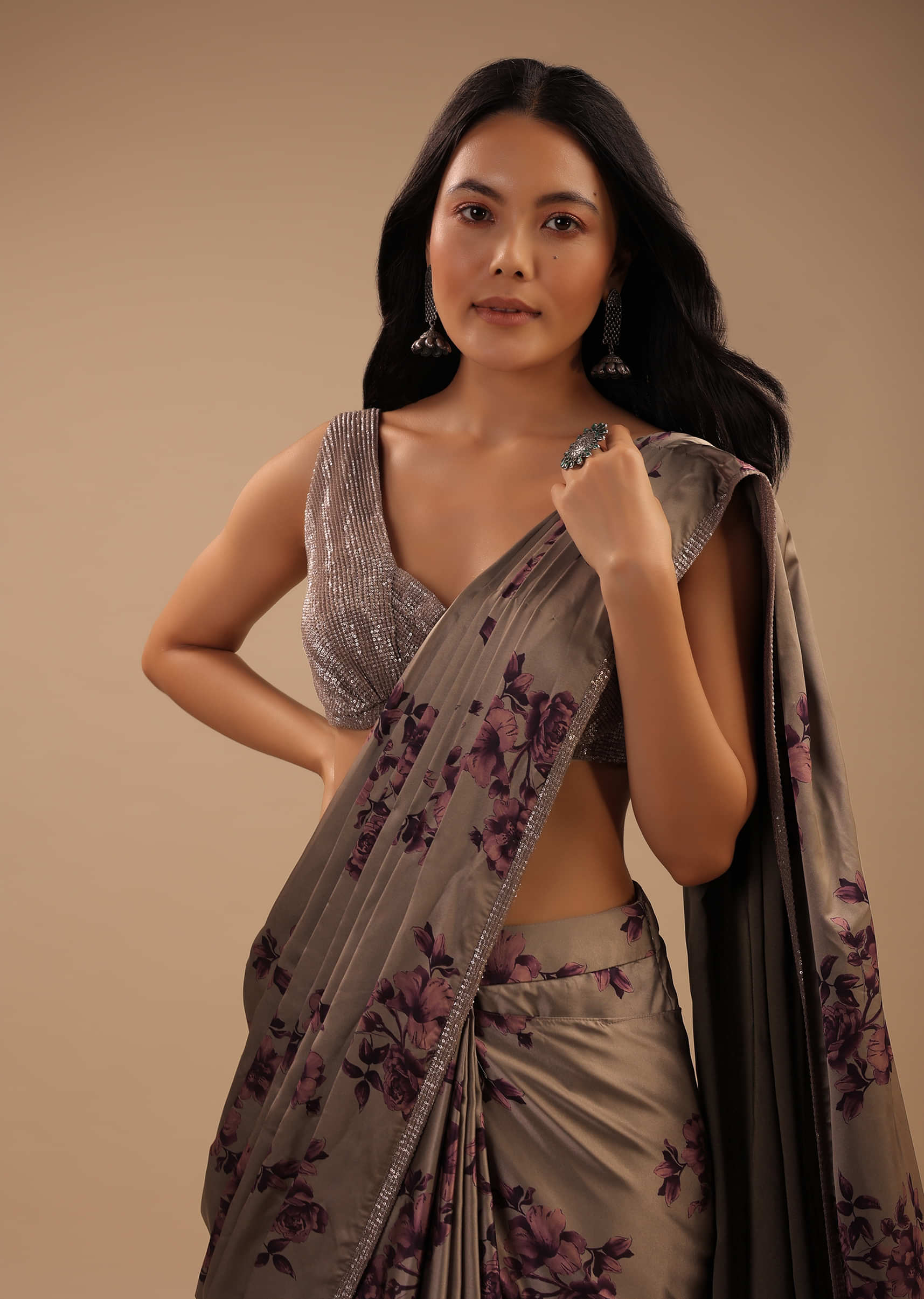 Ginger Grey Ready Pleated Satin Saree With Contrast Colored Floral Print And Sequins Blouse