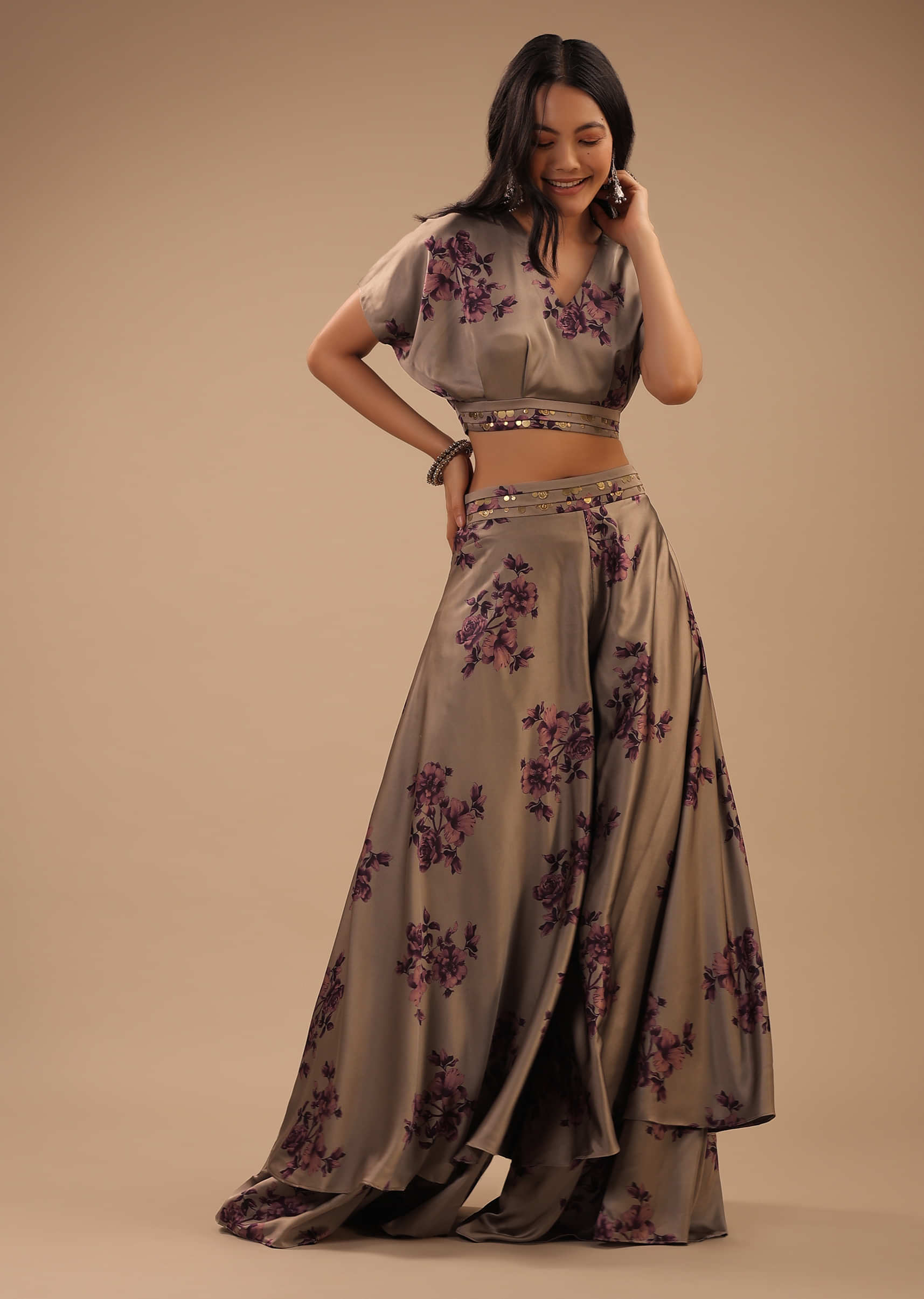 Ginger Grey Satin Blouse And High Low Palazzo Pants With Floral Prints