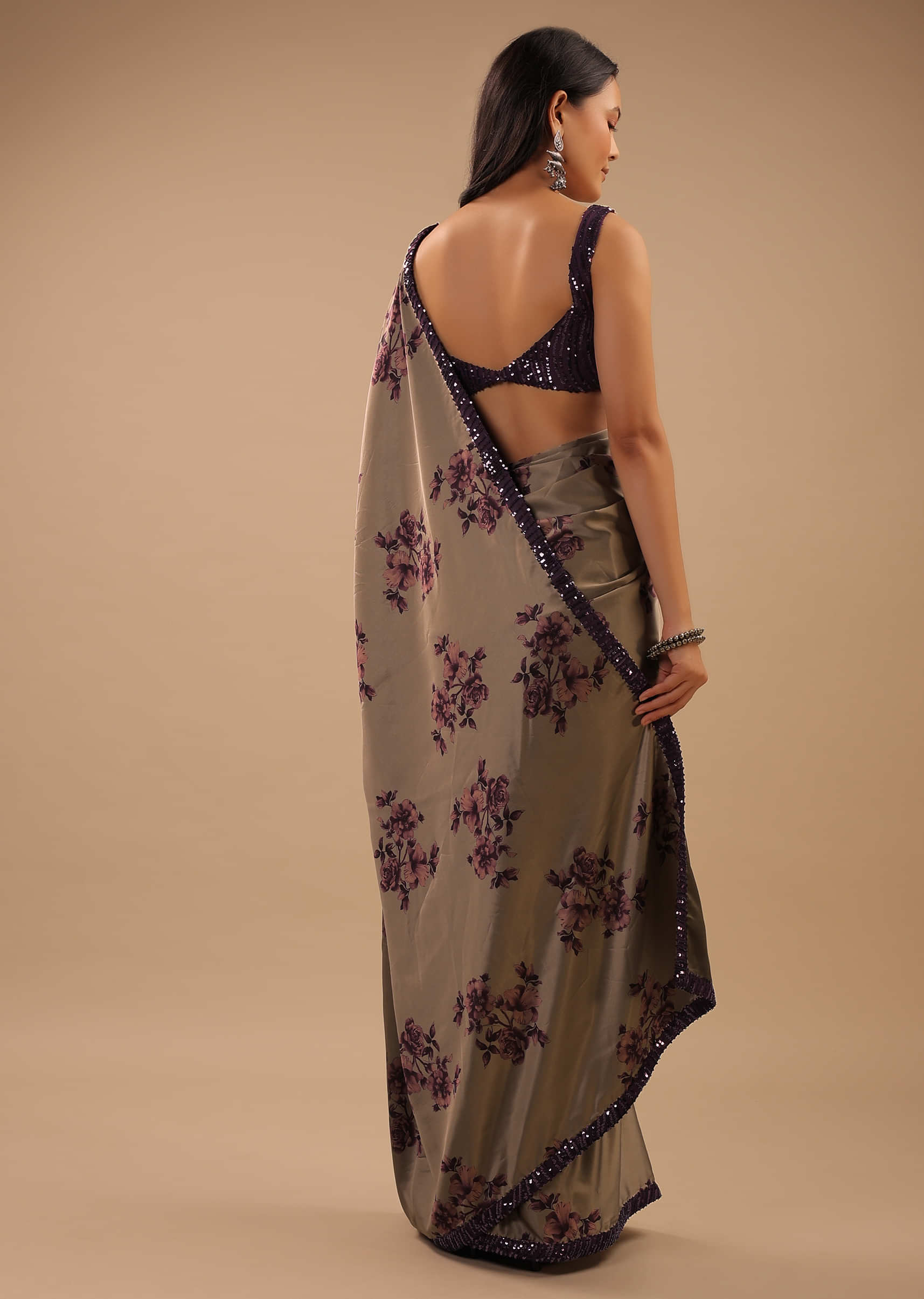 Ginger Grey Satin Saree With Floral Print And Purple Sequin Border