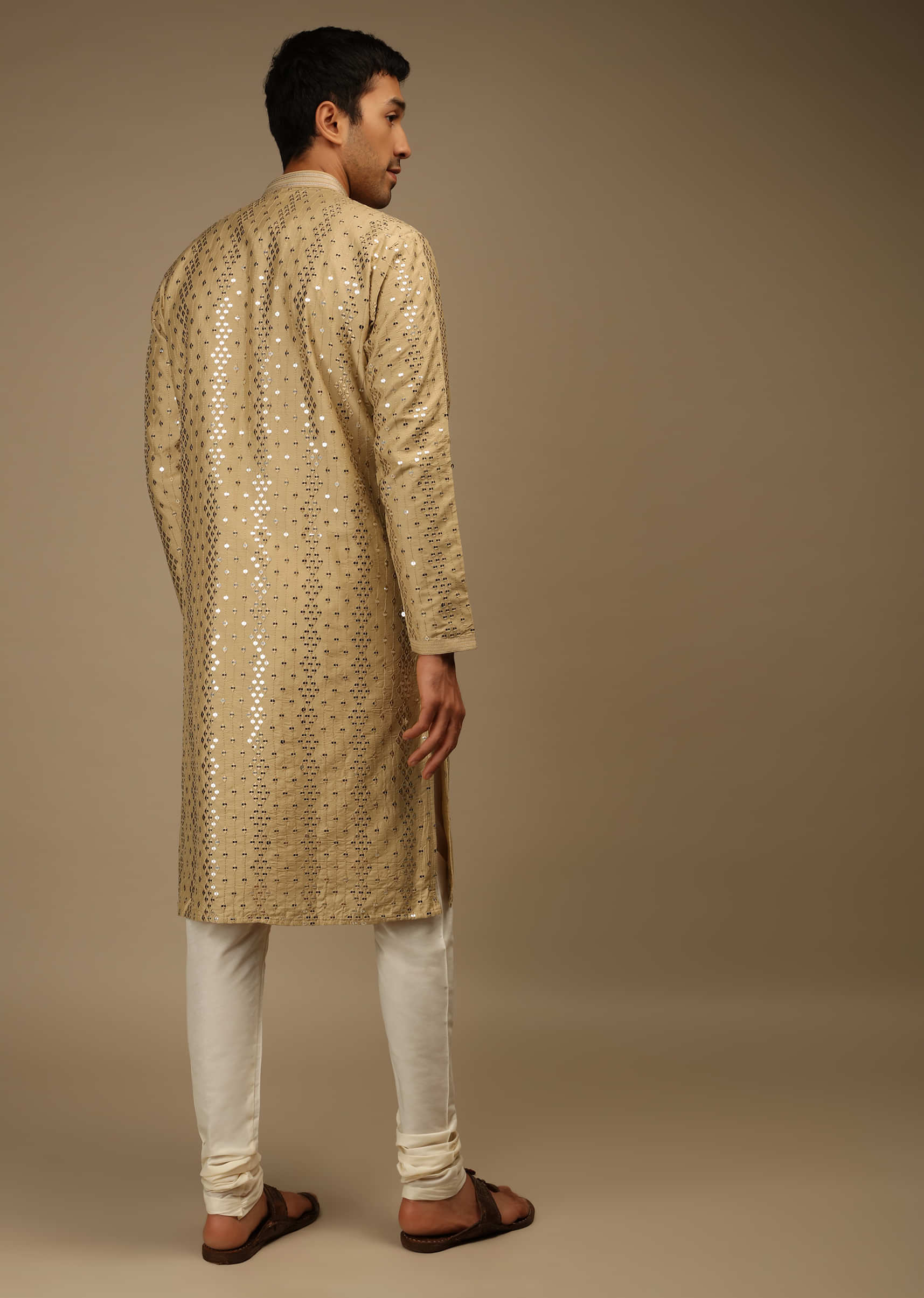 Ginger Taupe Kurta Set In Silk With Resham And Sequins Abla Embroidered Geometric Motifs