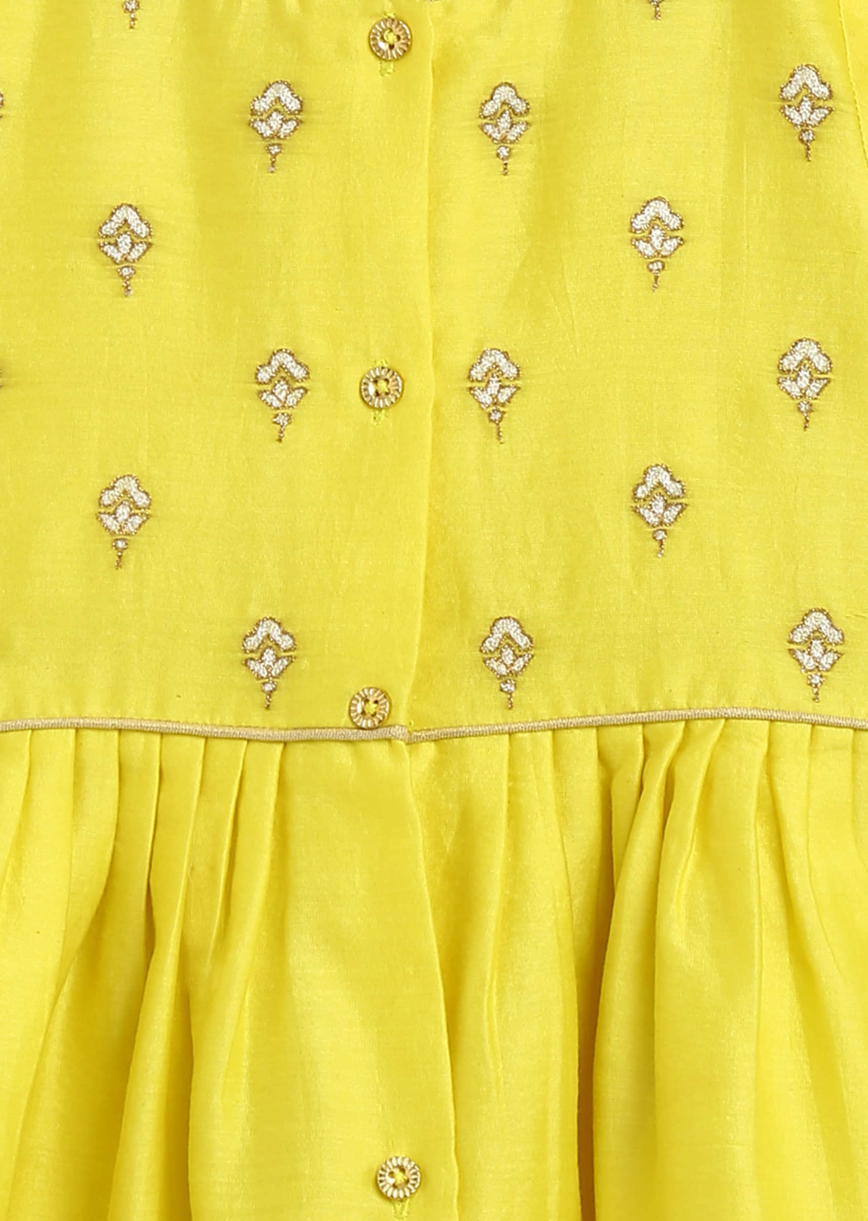 Kalki Girls Combo Of Canary Yellow Embroidered Angrakha Set And Gold Printed Bow Hairclip