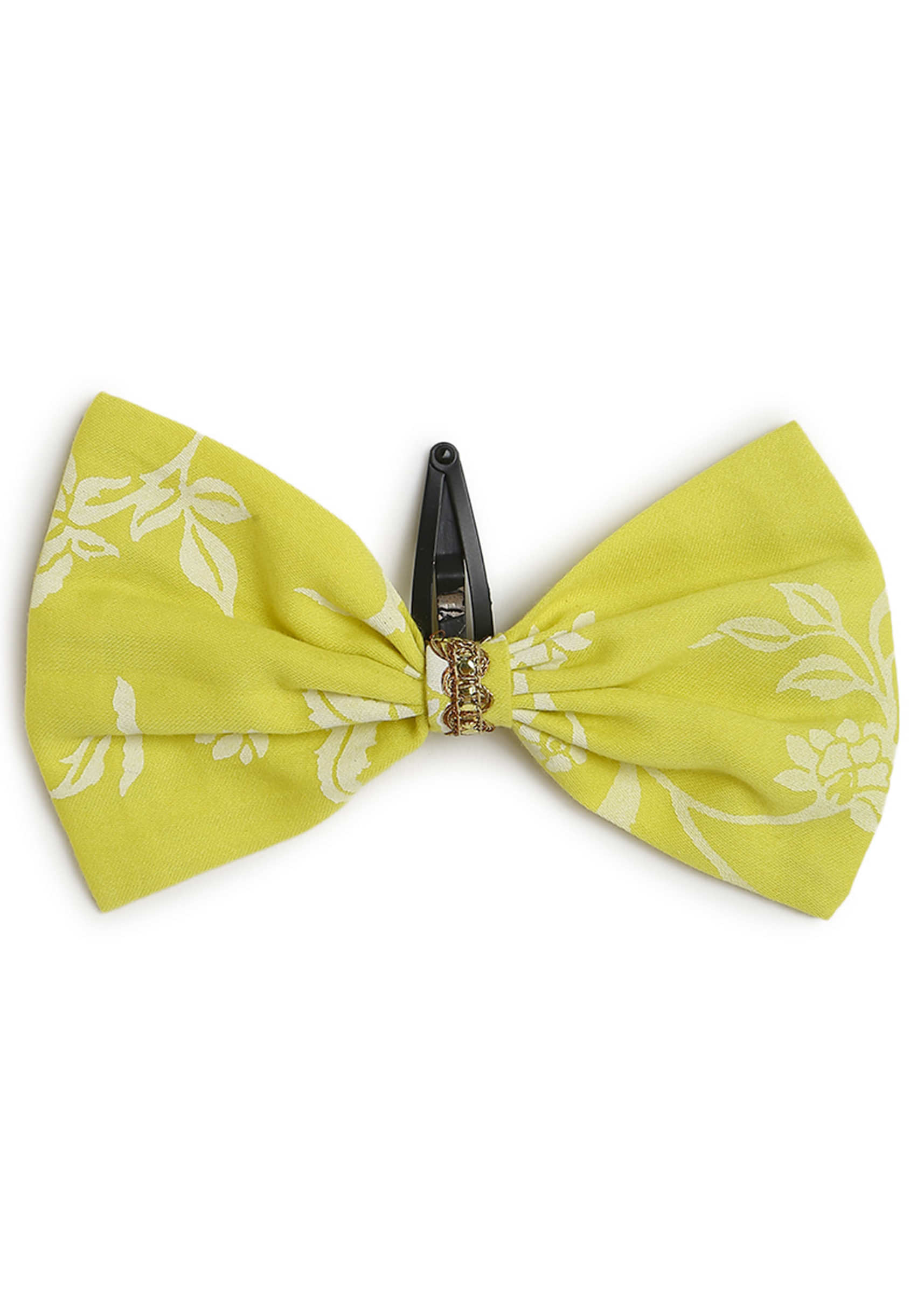 Kalki Girls Combo Of Canary Yellow Embroidered Cord Set And Gold Printed Bow Hairclip