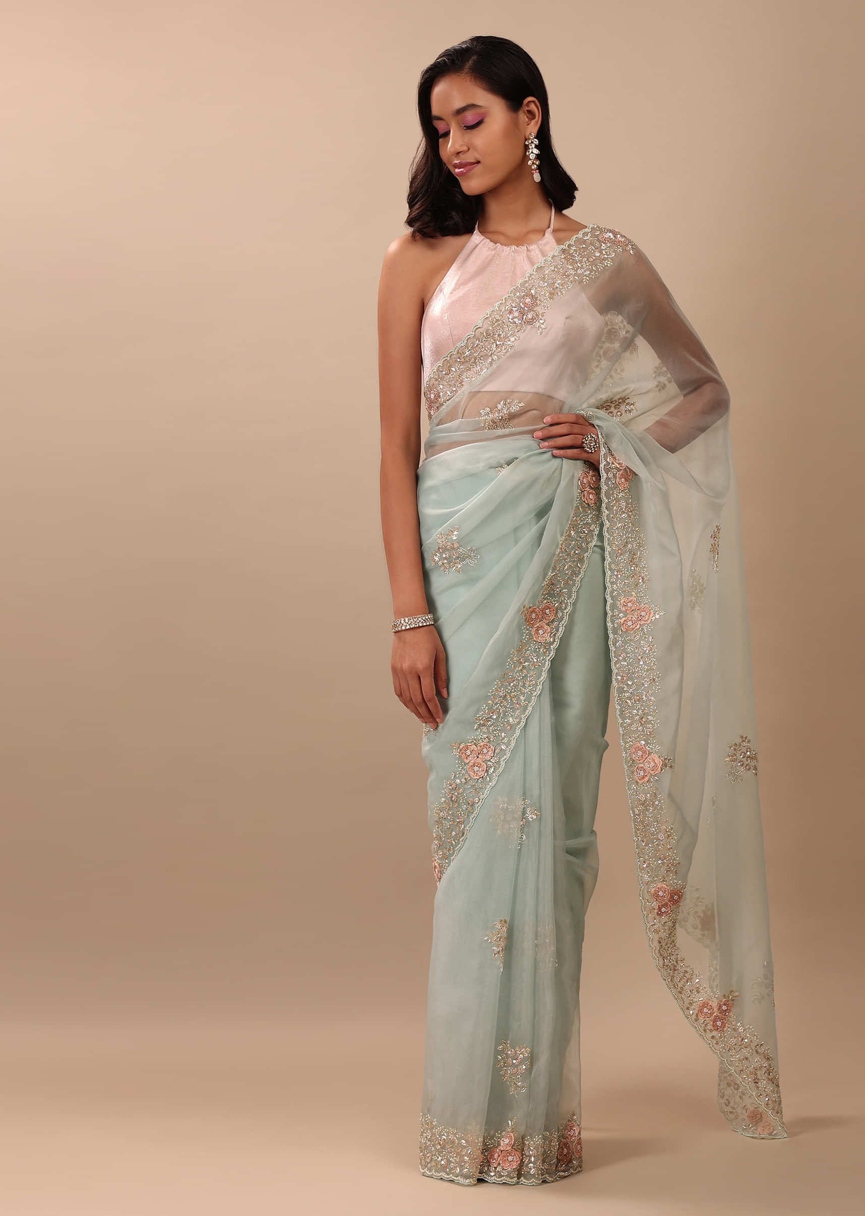 Glacier Blue Saree In Organza With 3D Floral Embroidery In Pearls And Cut Dana