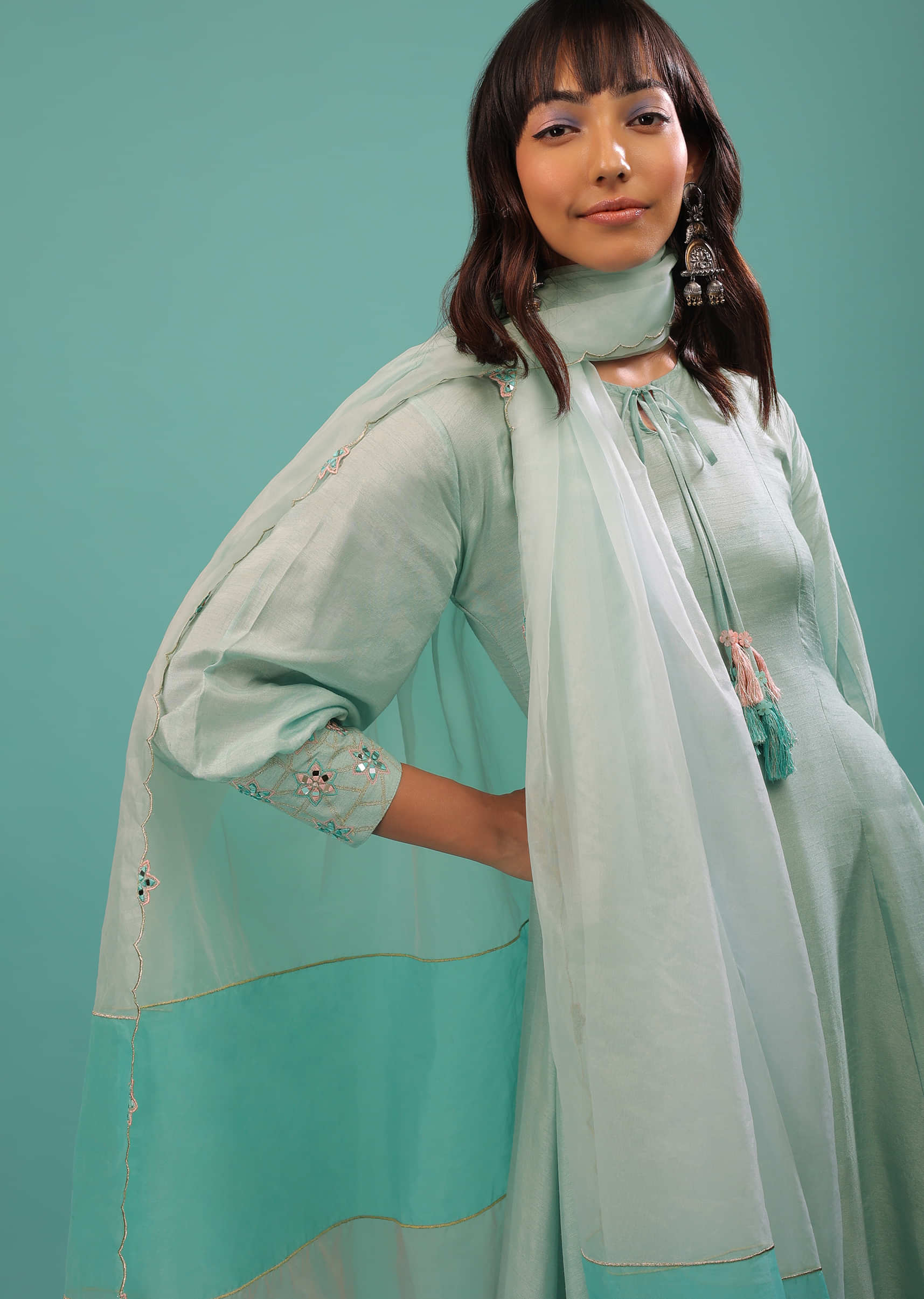Powder Blue Silk A Line Palazzo Suit With Mirror Work