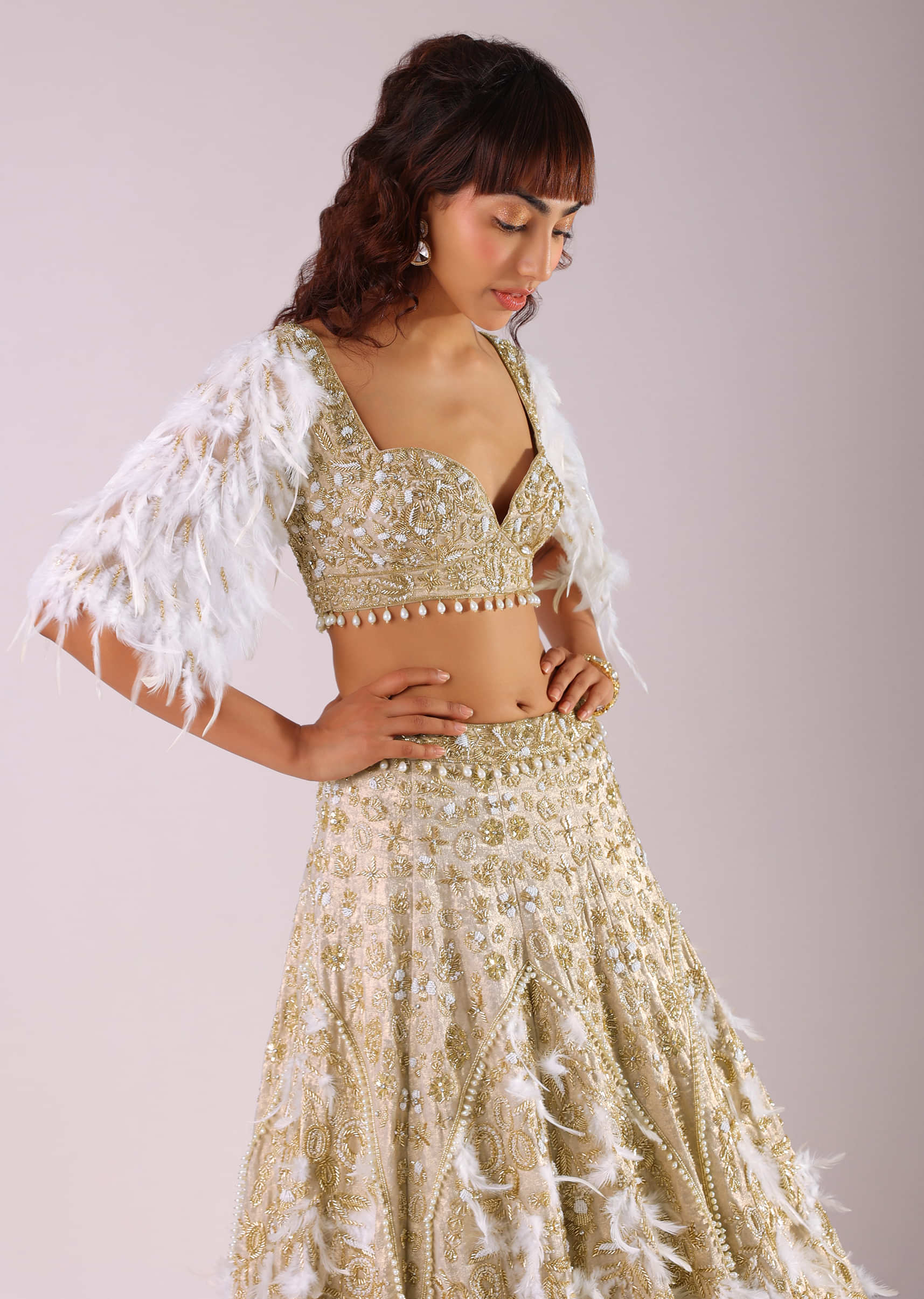 Glam Gold Embroidered Lehenga Set In Foil Fabric With Feather Work