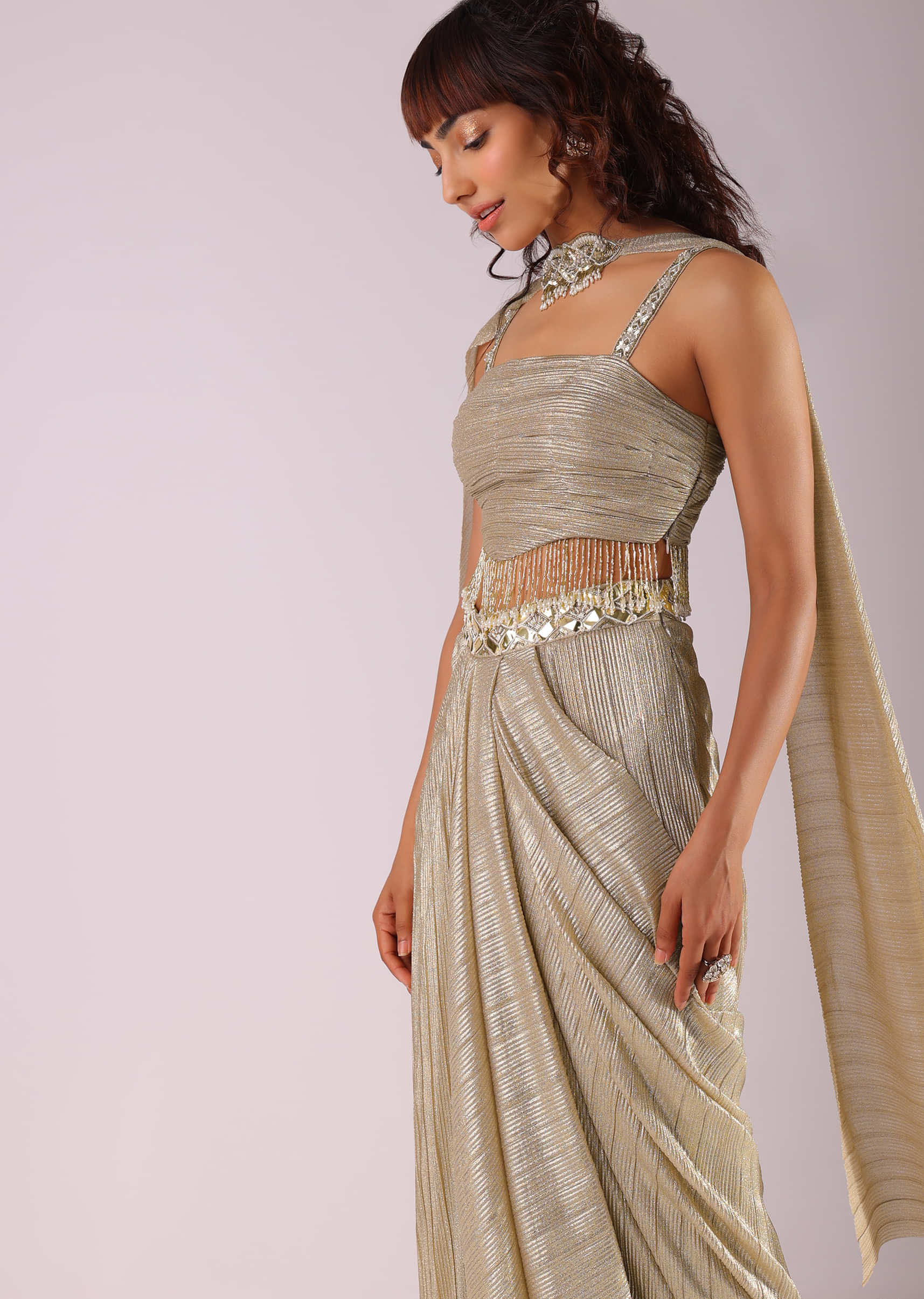 Glam Gold Pleated Skirt And Top With Embroidered Choker Dupatta