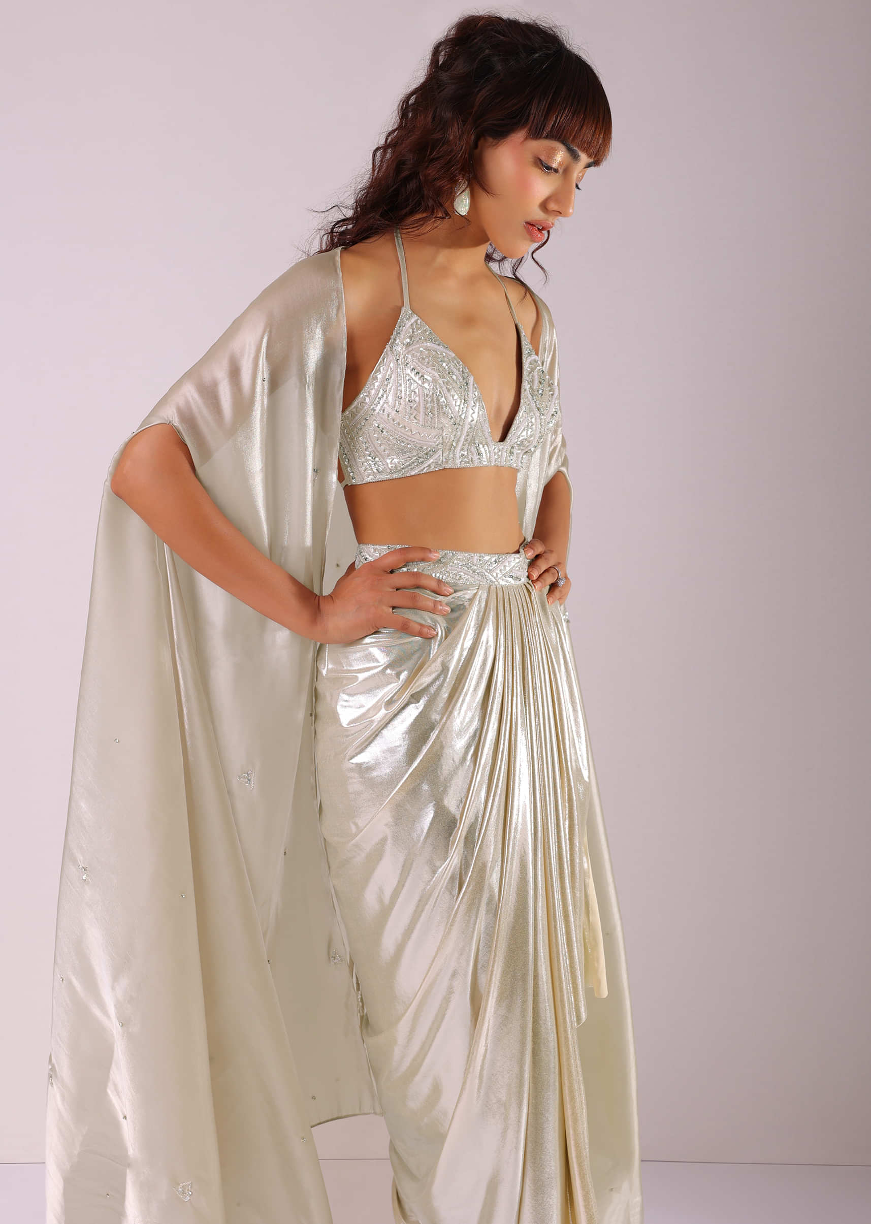 Glam Silver Embroidered Pleated Skirt And Blouse In Lycra With Organza Shrug