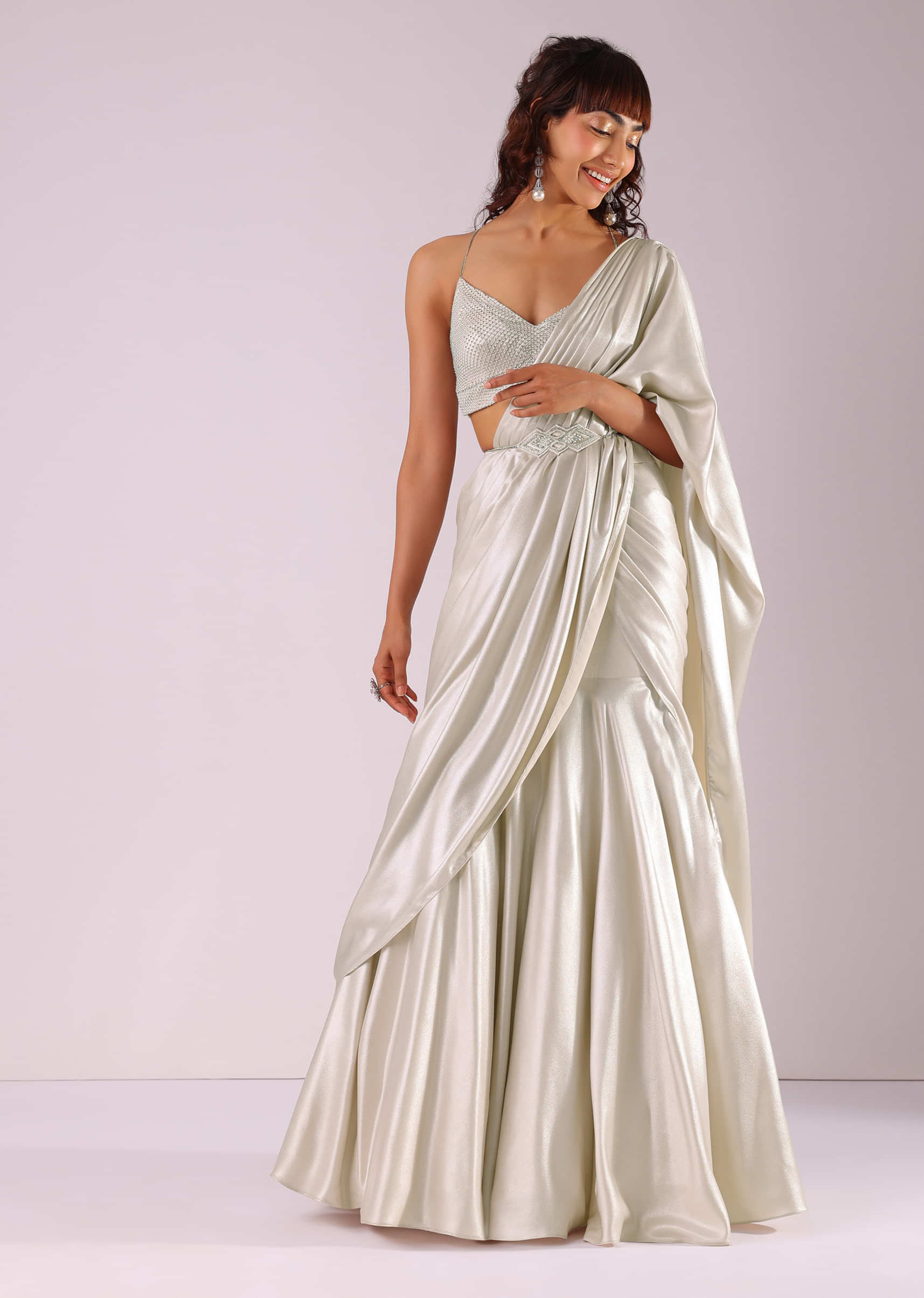 Buy Glam Silver Ready-To-Wear Lehenga Saree In Foil With Mesh Blouse