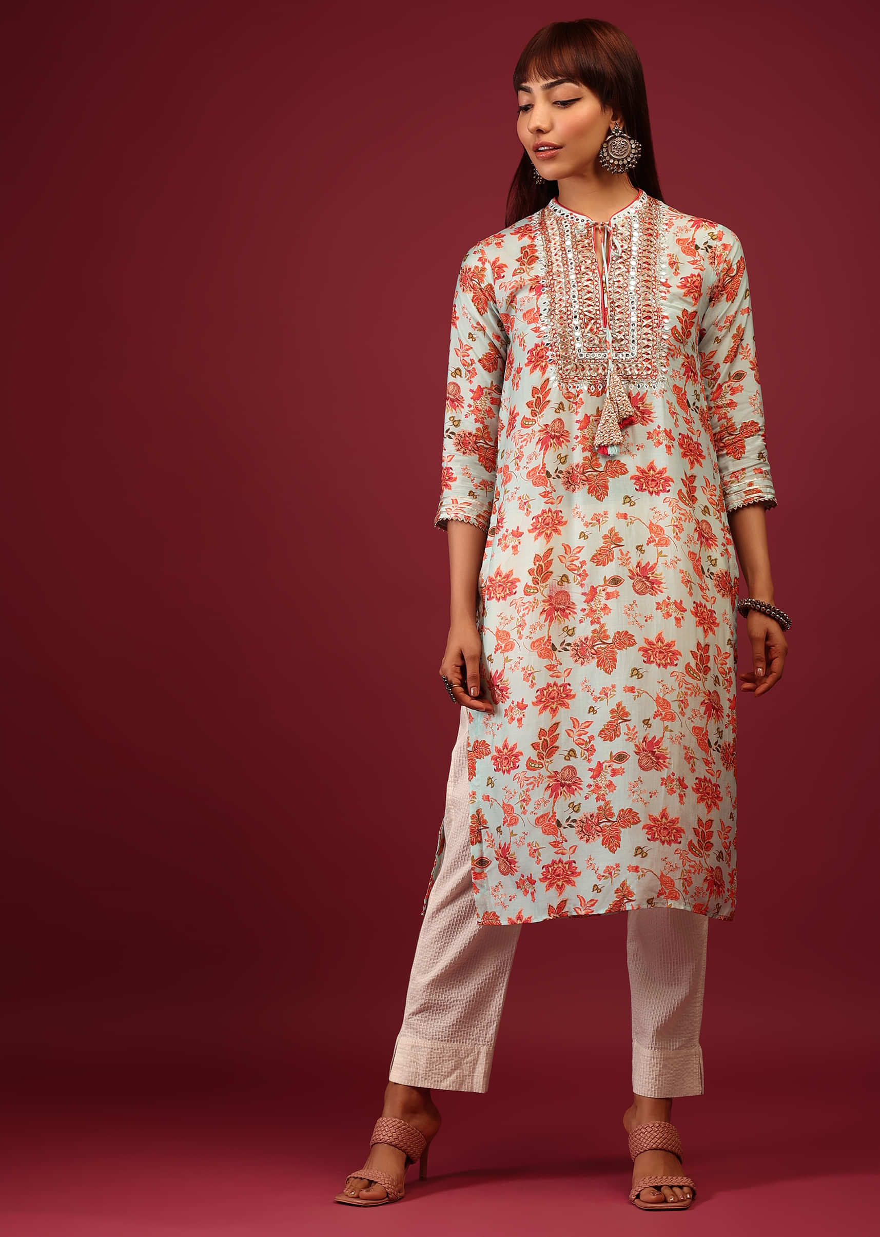 Glass Blue Floral Print Cotton Kurta In Straight Cut With Gotta Work Embroidered Bodice