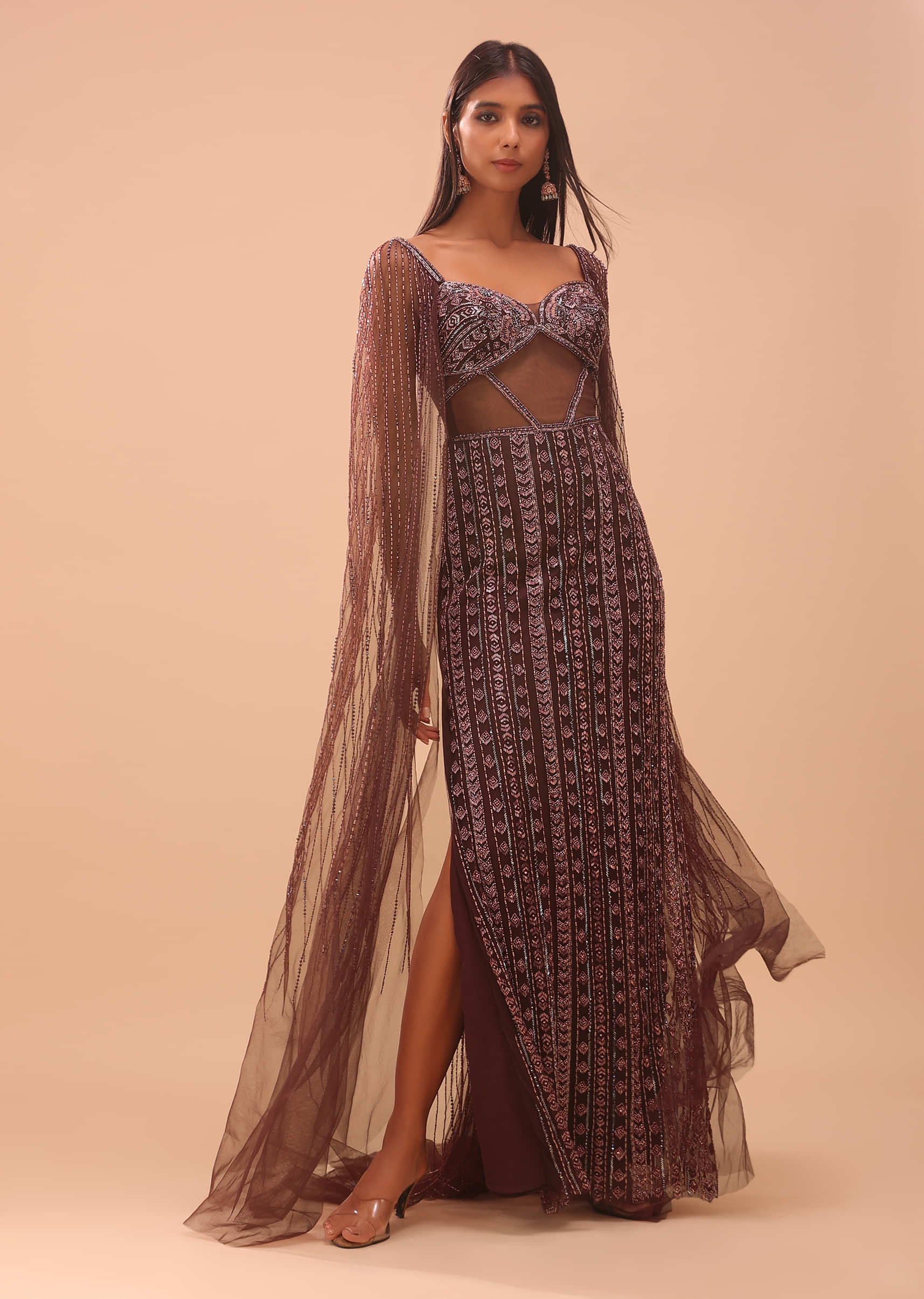 Chocolate Brown Gown In Net With Dreamy Cape Sleeves - NOOR 2022