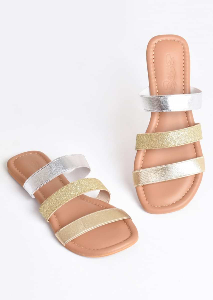 Gold And Silver Sliders With Elastic Glitter Straps By Sole House
