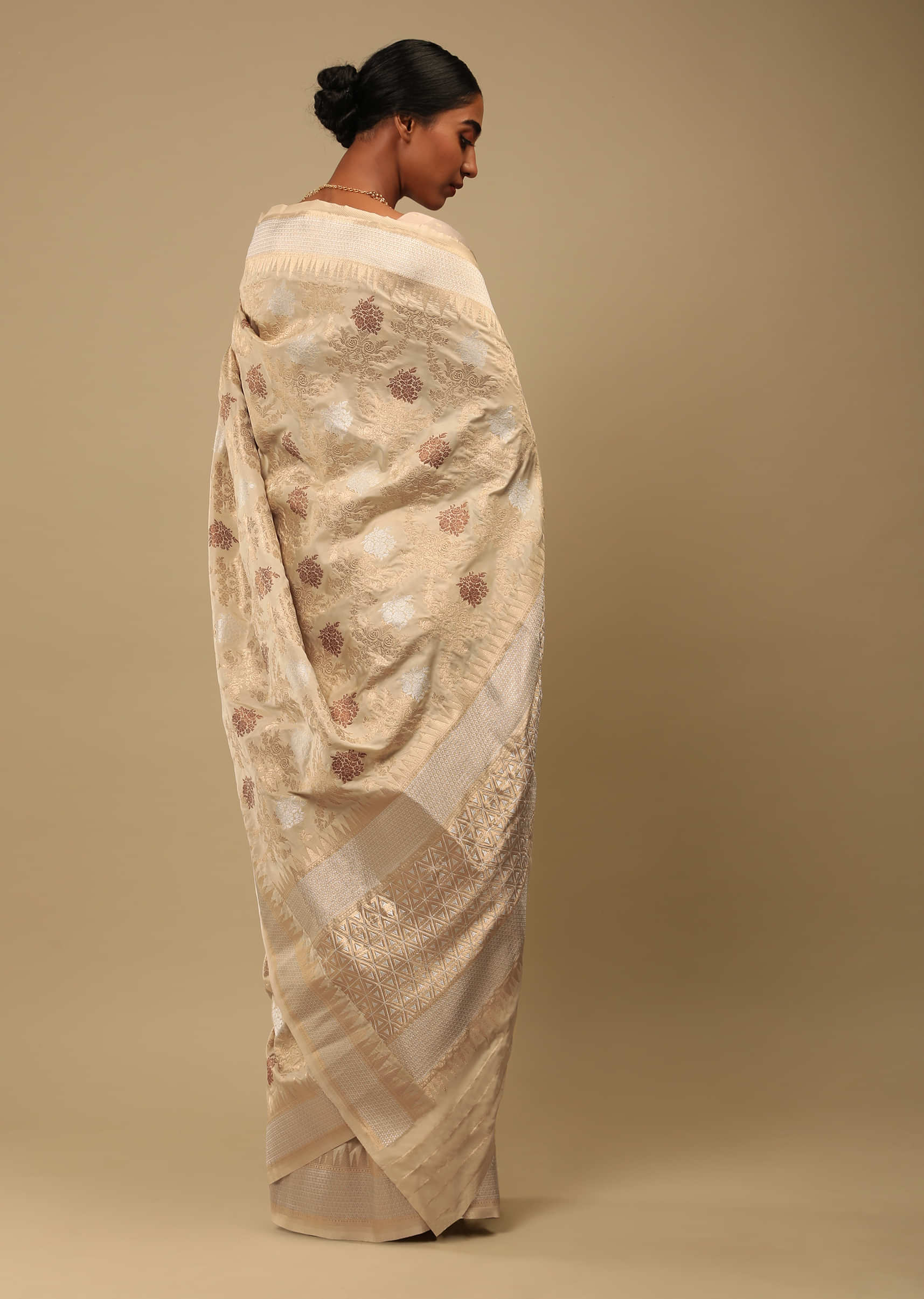 Gold Beige Saree In Art Handloom Silk With Three Toned Woven Floral Jaal, Geometric Motifs On The Pallu And Unstitched Blouse  