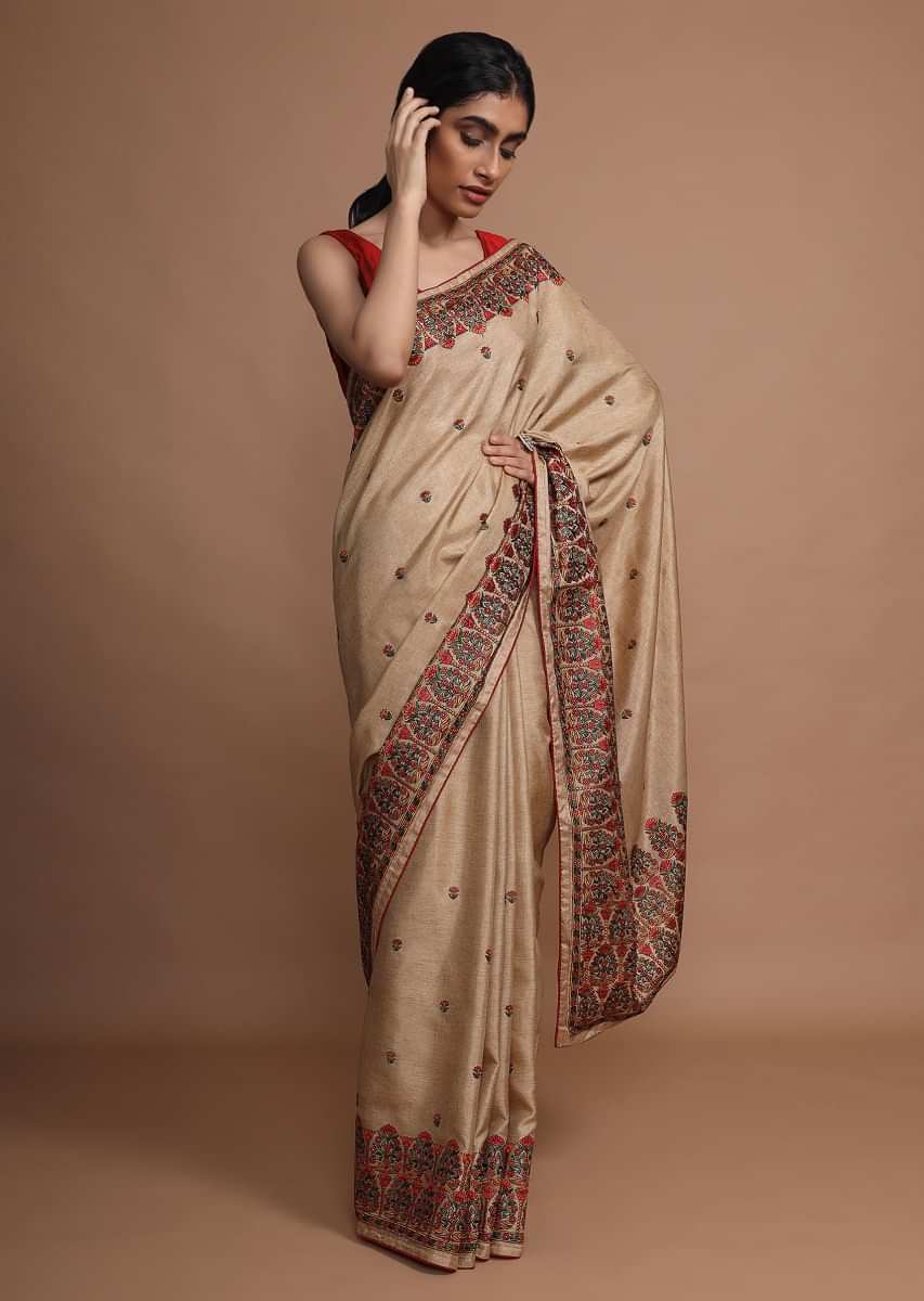 Gold Beige Saree With Colorful Resham Embroidered Floral Design On The Border And Butti Work