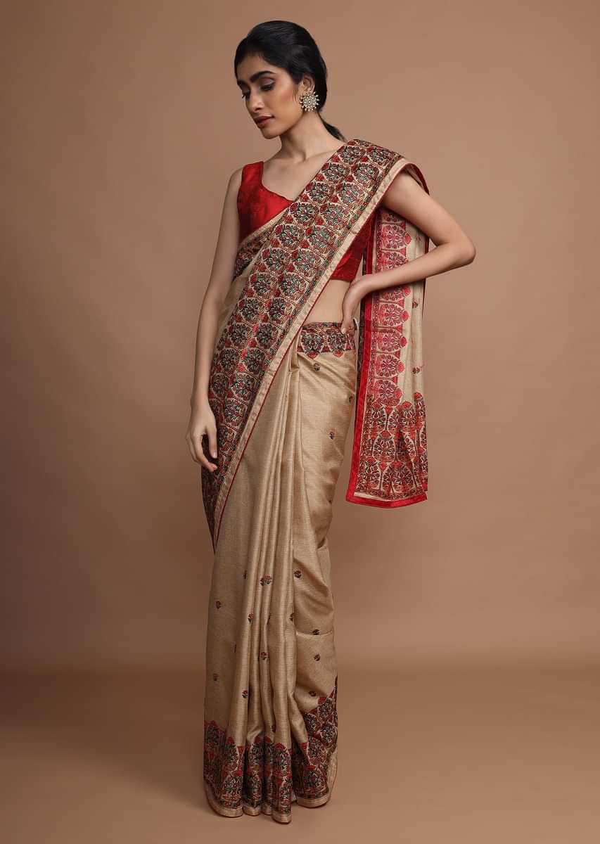 Gold Beige Saree With Colorful Resham Embroidered Floral Design On The Border And Butti Work