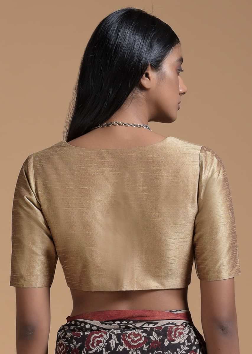 Gold Blouse In Raw Silk With Deep Curved V Neckline And Half Sleeves