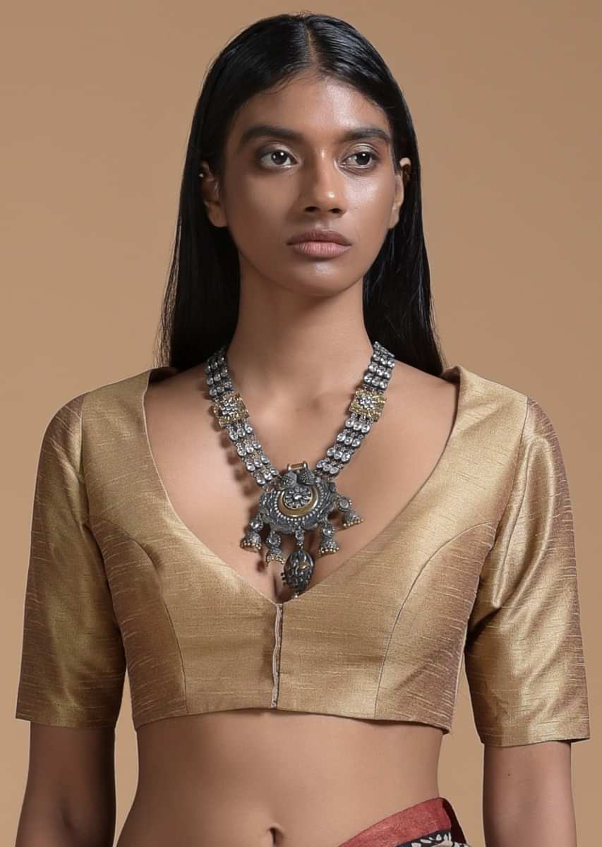 Gold Blouse In Raw Silk With Deep Curved V Neckline And Half Sleeves