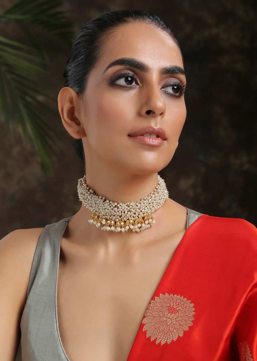 Gold Choker Necklace With Shell Pearls And Attached Nano Jhumkas Adorned With Trinkets Of Pearls By Paisley Pop