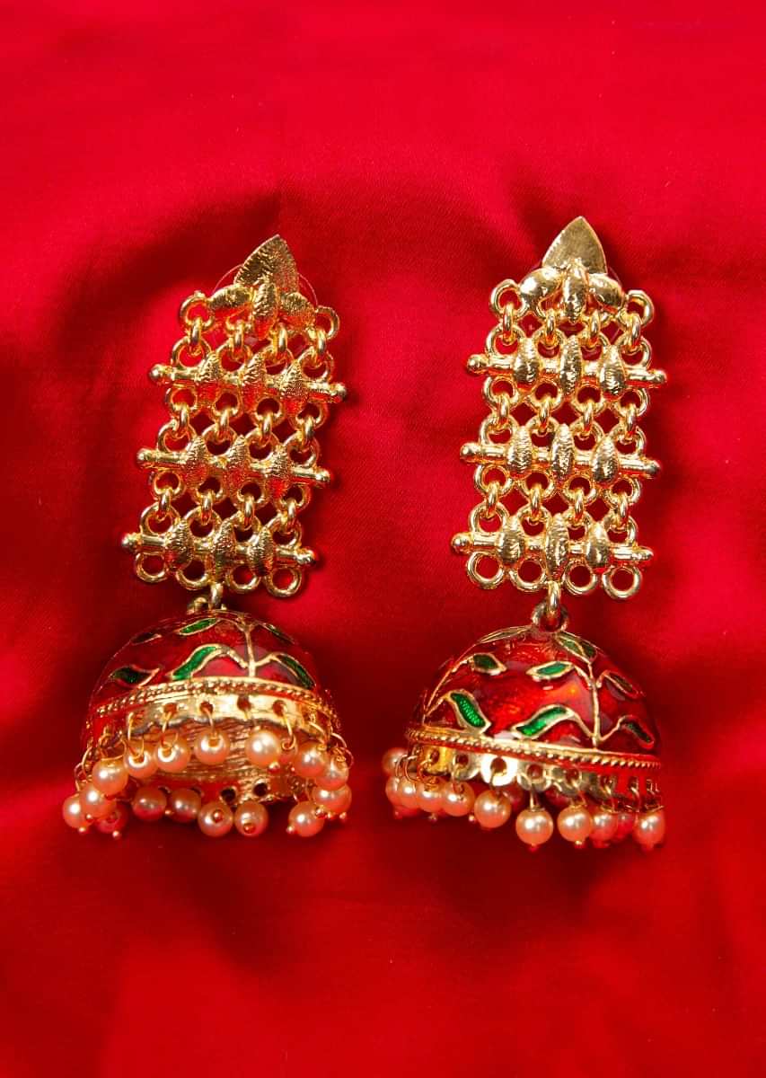 Gold cut out earring with blood red meenakari jhumkas