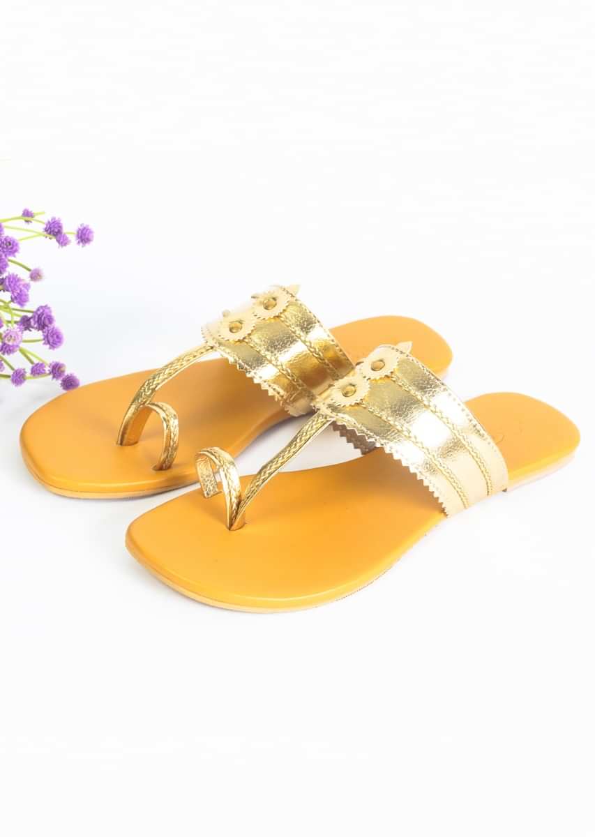 Gold Kolhapuri Flats With Mustard Yellow Sole By Sole House