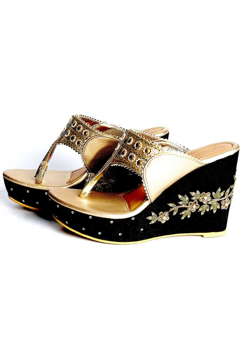 Gold Kolhapuri Wedges With Black Embroidered Heel By Sole House