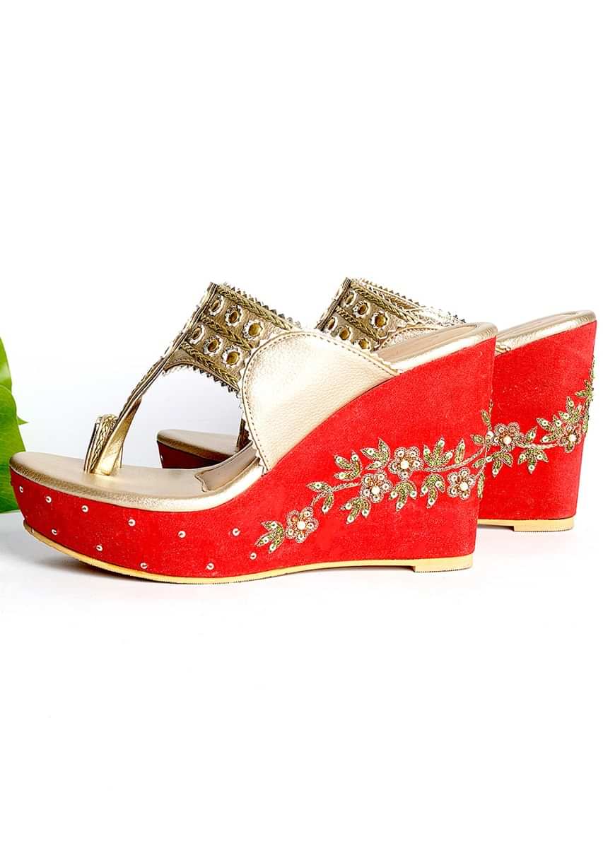 Gold Kolhapuri Wedges With Red Embroidered Heel By Sole House