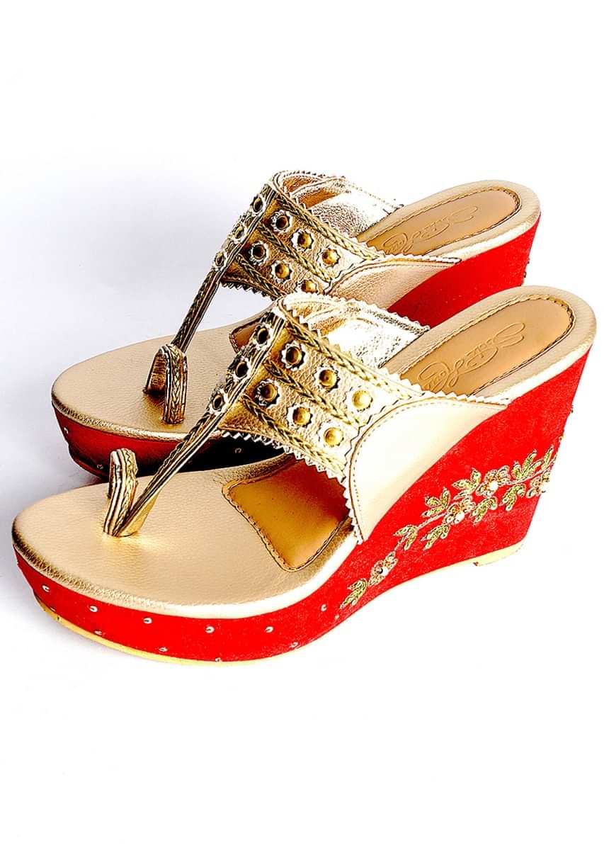 Gold Kolhapuri Wedges With Red Embroidered Heel By Sole House