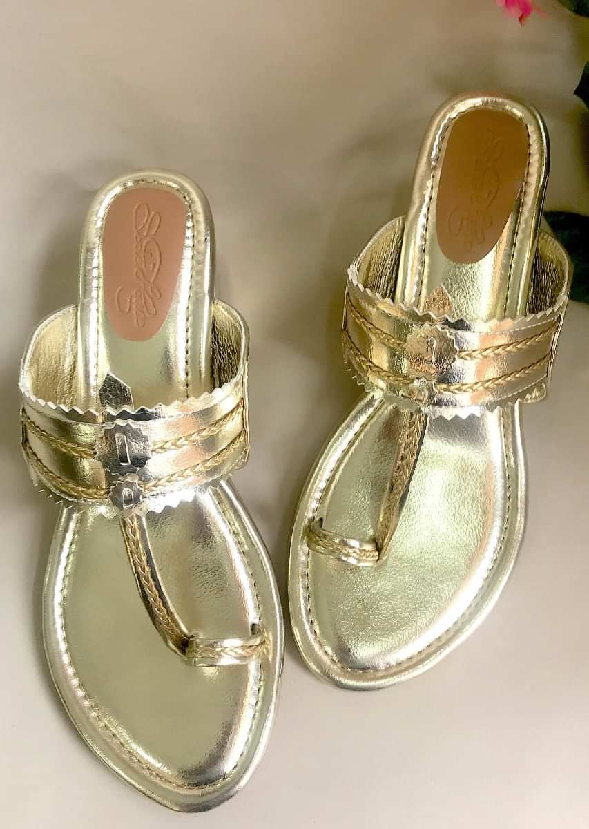 Gold Kolhapuris With Block Heel And Braded Design By Sole House