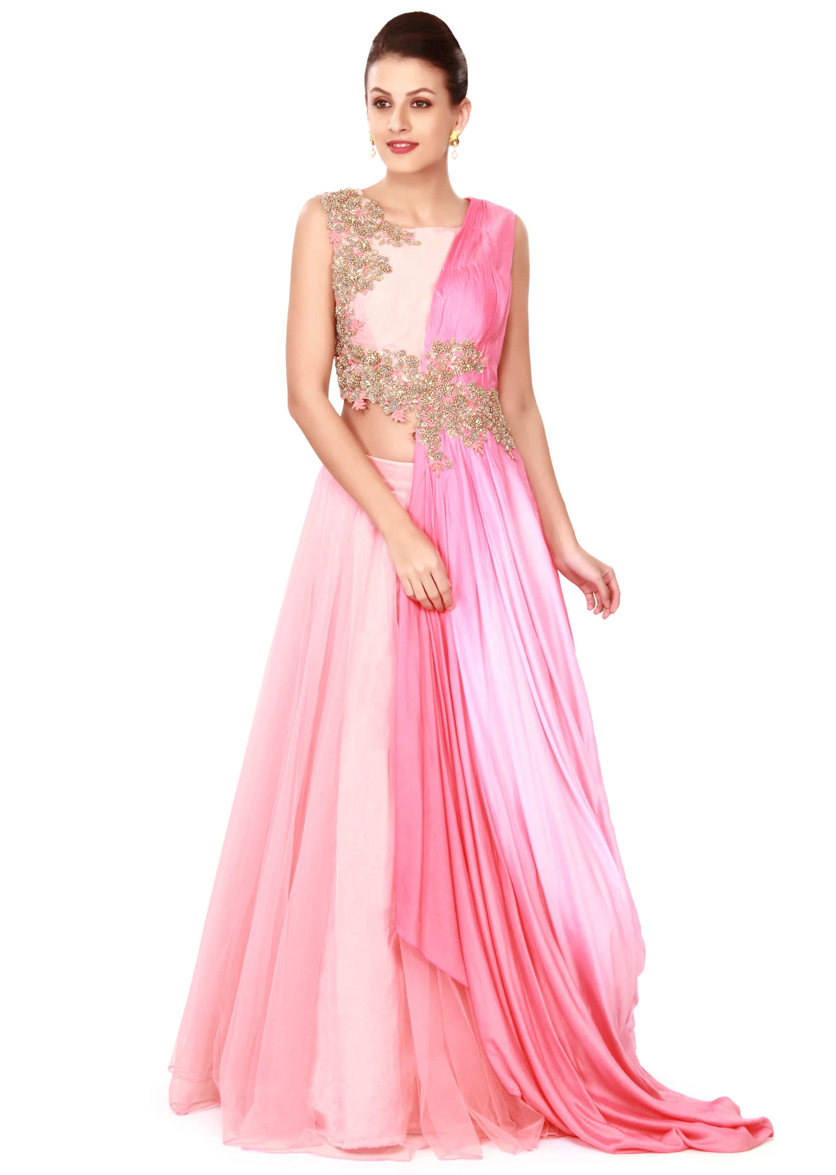Pink lehenga with embroidered attached dupatta only on Kalki